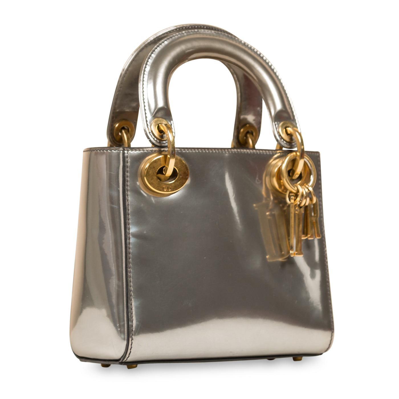 Dior Christian Lady Tote Bag Leather Patent Silver