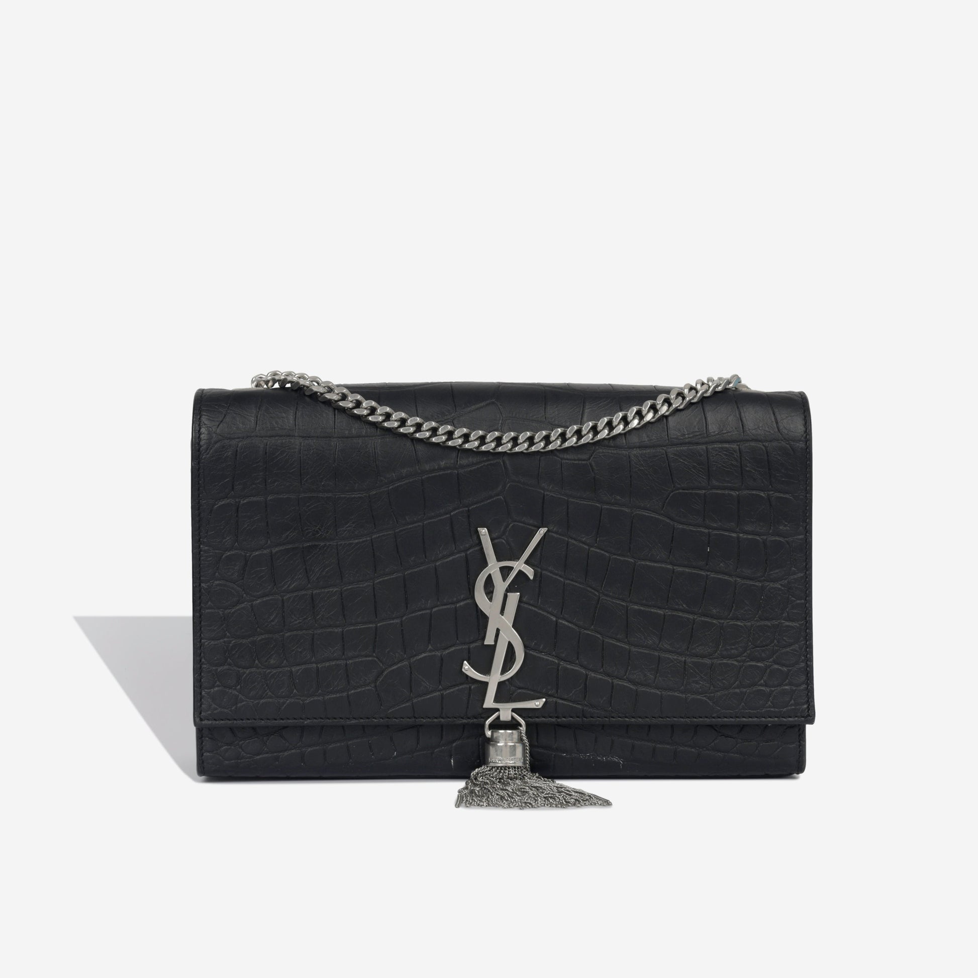 YSL Saint Laurent Kate Tassel Bag Croc Embossed Crossbody Bag Embossed Black Shw