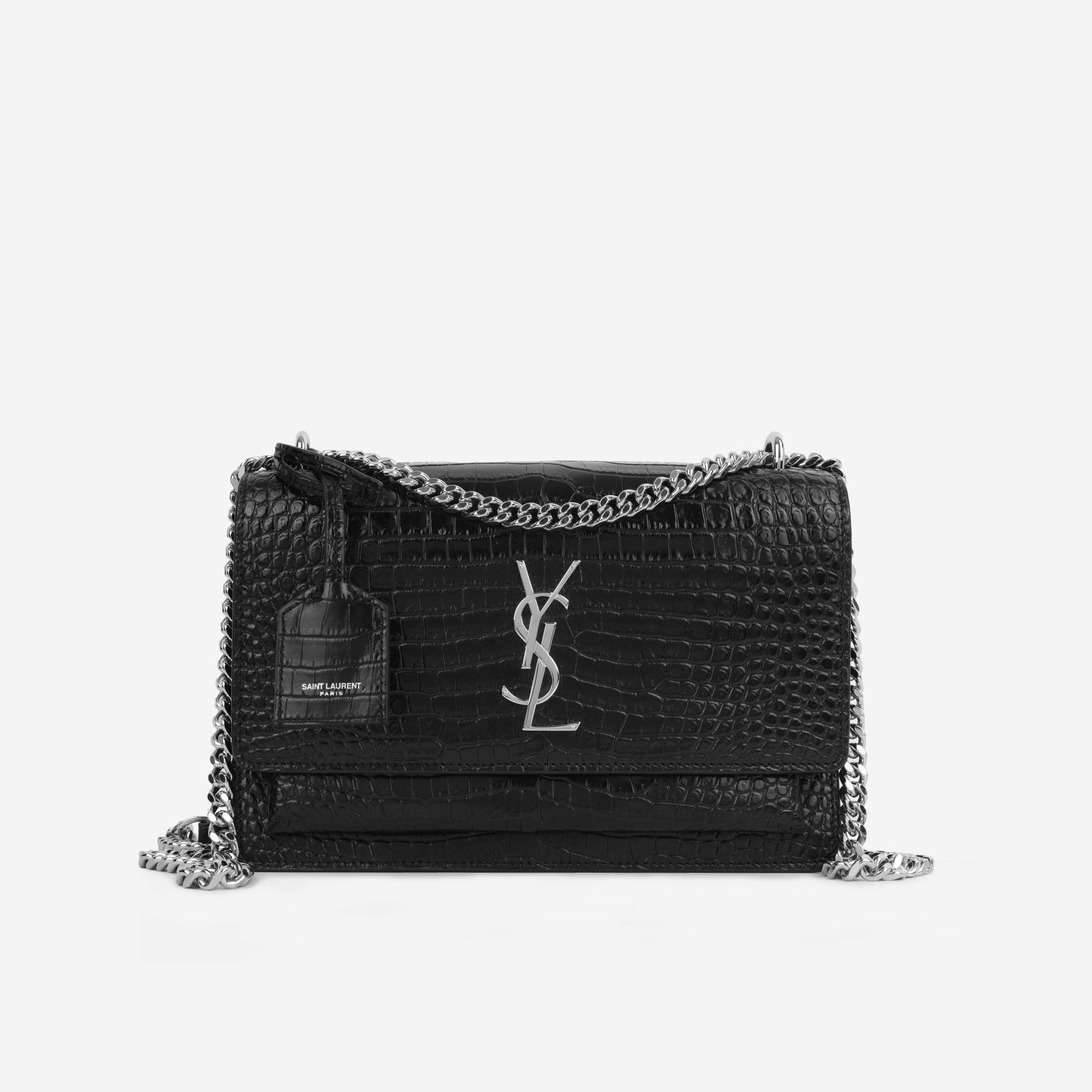 YSL Saint Laurent Sunset Croc Crossbody Bag Black Medium Embossed