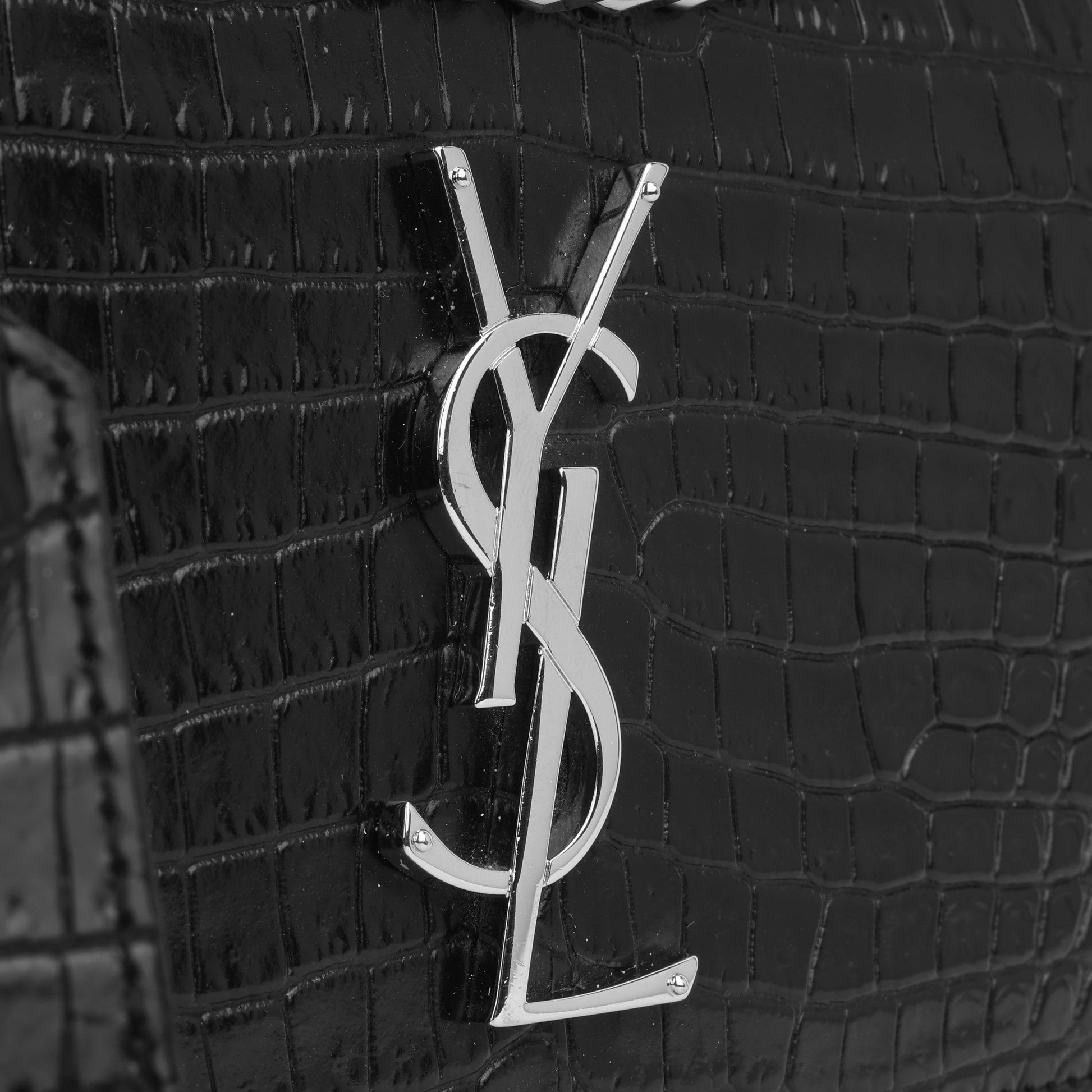 YSL Saint Laurent Sunset Croc Crossbody Bag Black Medium Embossed