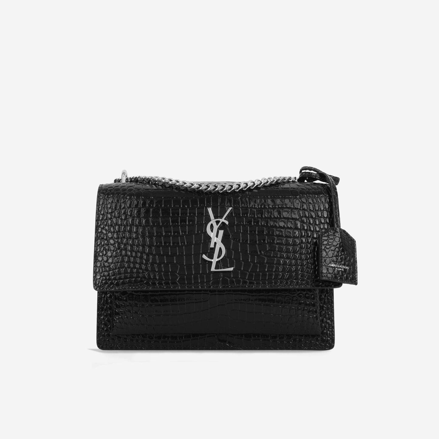 YSL Saint Laurent Sunset Croc Crossbody Bag Black Medium Embossed Embossed Shw Un