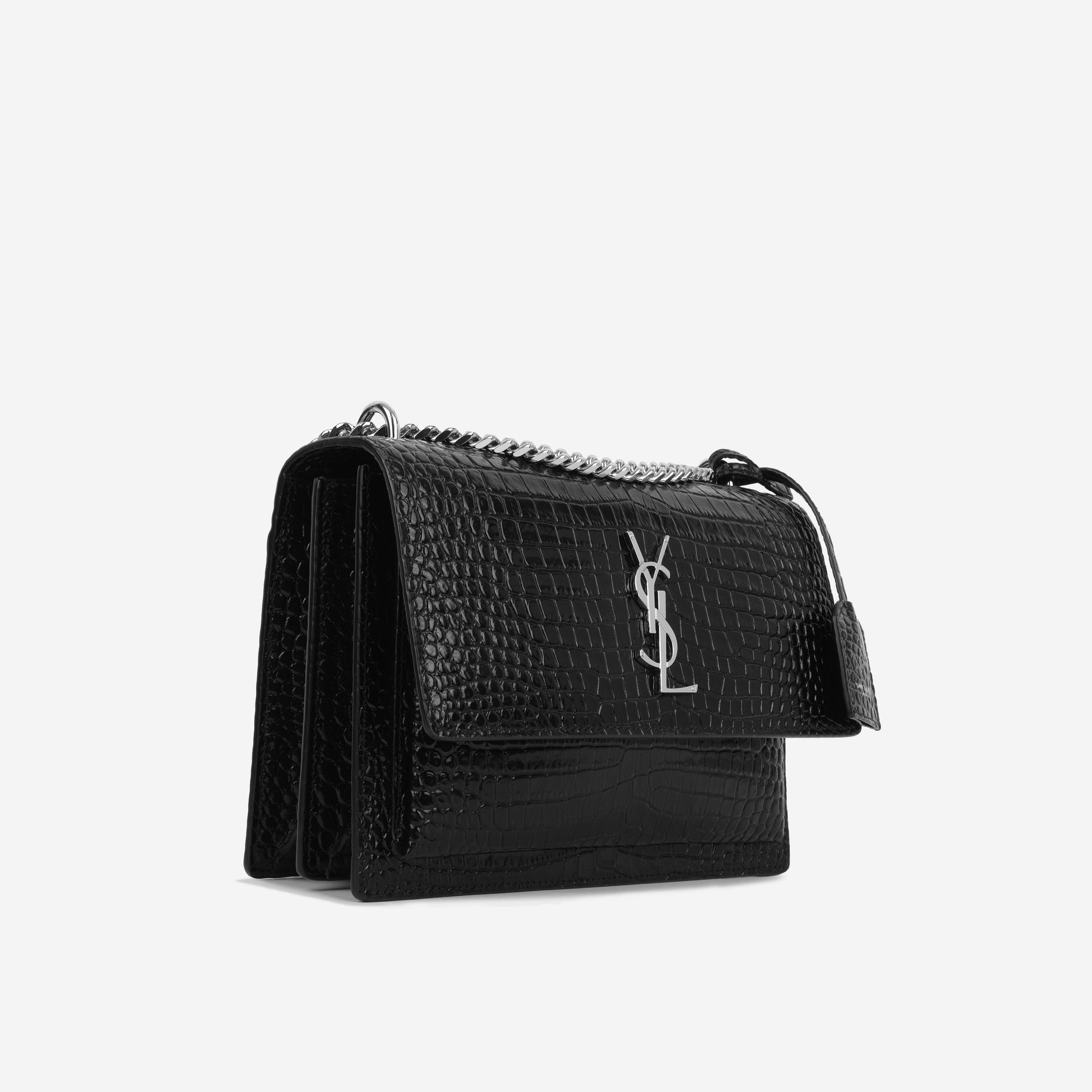 YSL Saint Laurent Sunset Croc Crossbody Bag Black Medium Embossed Embossed Shw Un