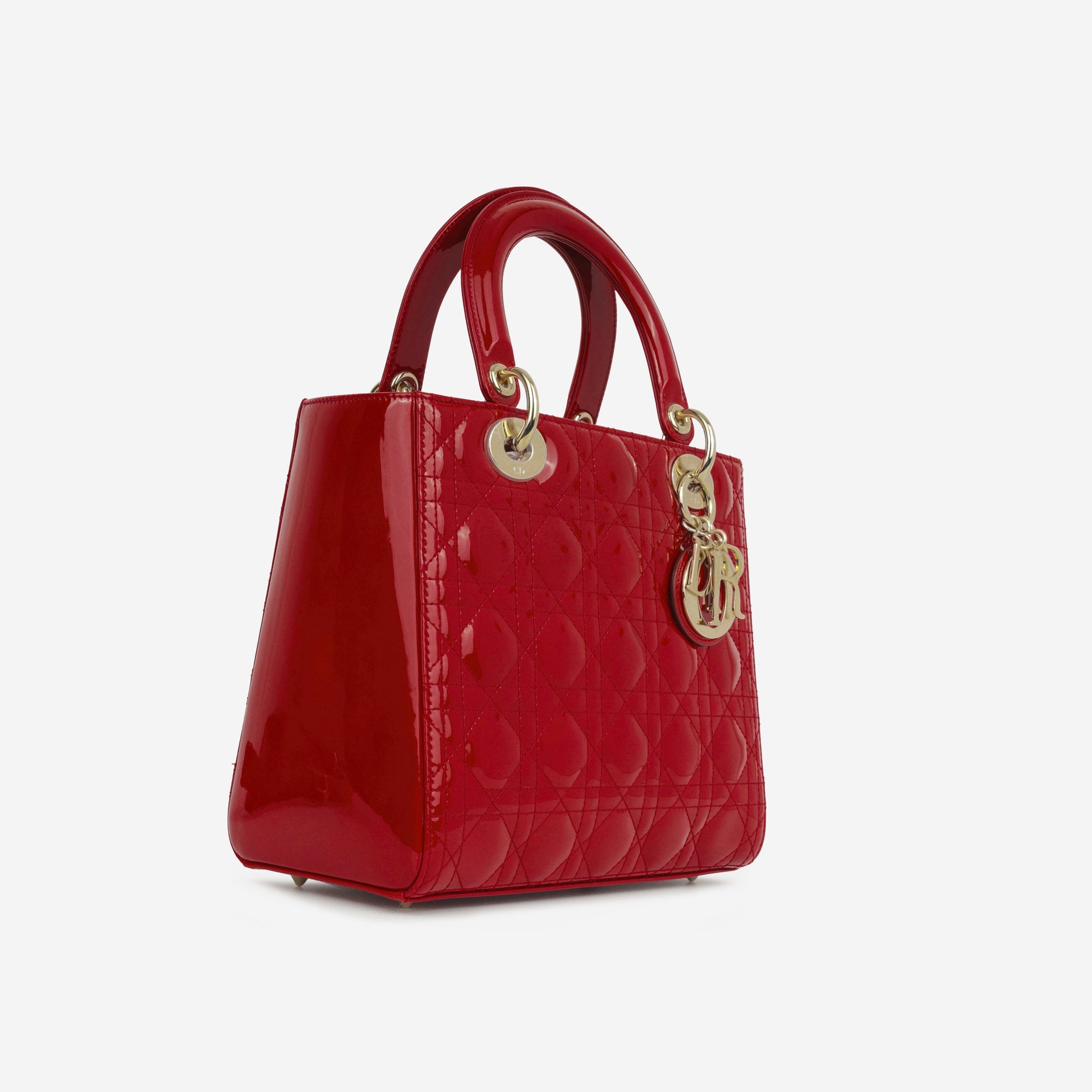 Dior Christian Lady Tote Bag Medium Red Patent Ghw