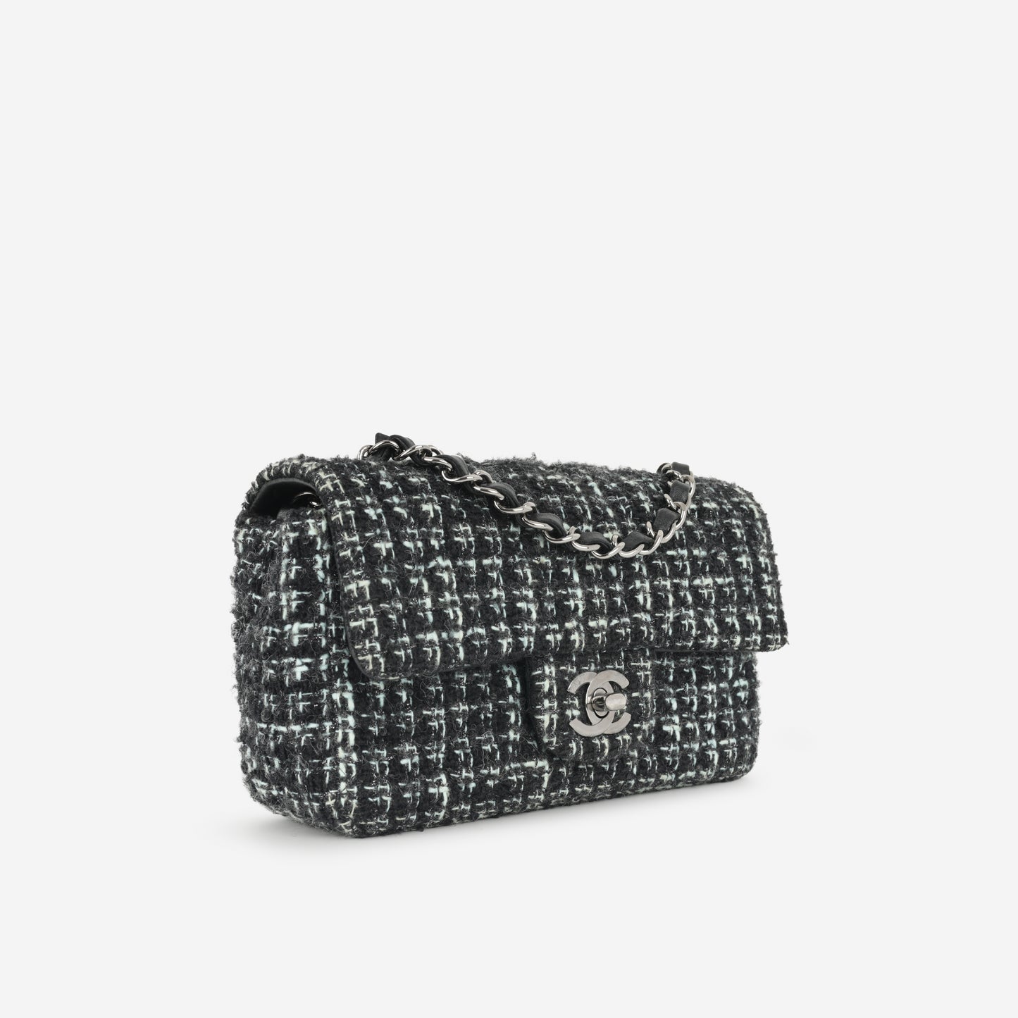 Chanel - Classic Flap Bag - Mini Rectangular - Mixed Black / Light Blue Tweed SHW -
