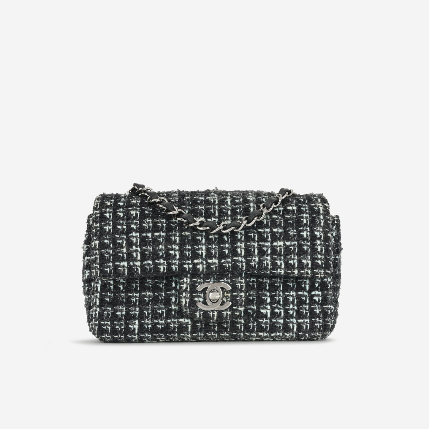 Chanel - Classic Flap Bag - Mini Rectangular - Mixed Black / Light Blue Tweed SHW -