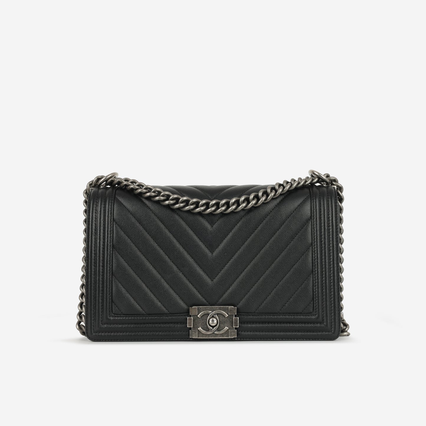 Chanel - New Medium Boy Bag - Black Chevron Caviar RHW - 2017 -