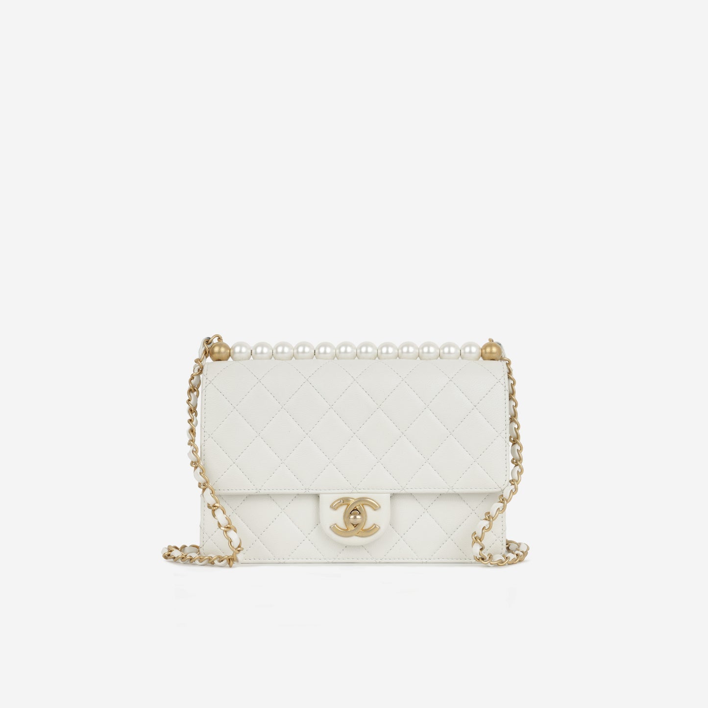 Chanel - Vertical Pearl Flap Bag - White Calfskin AGHW - - 2019