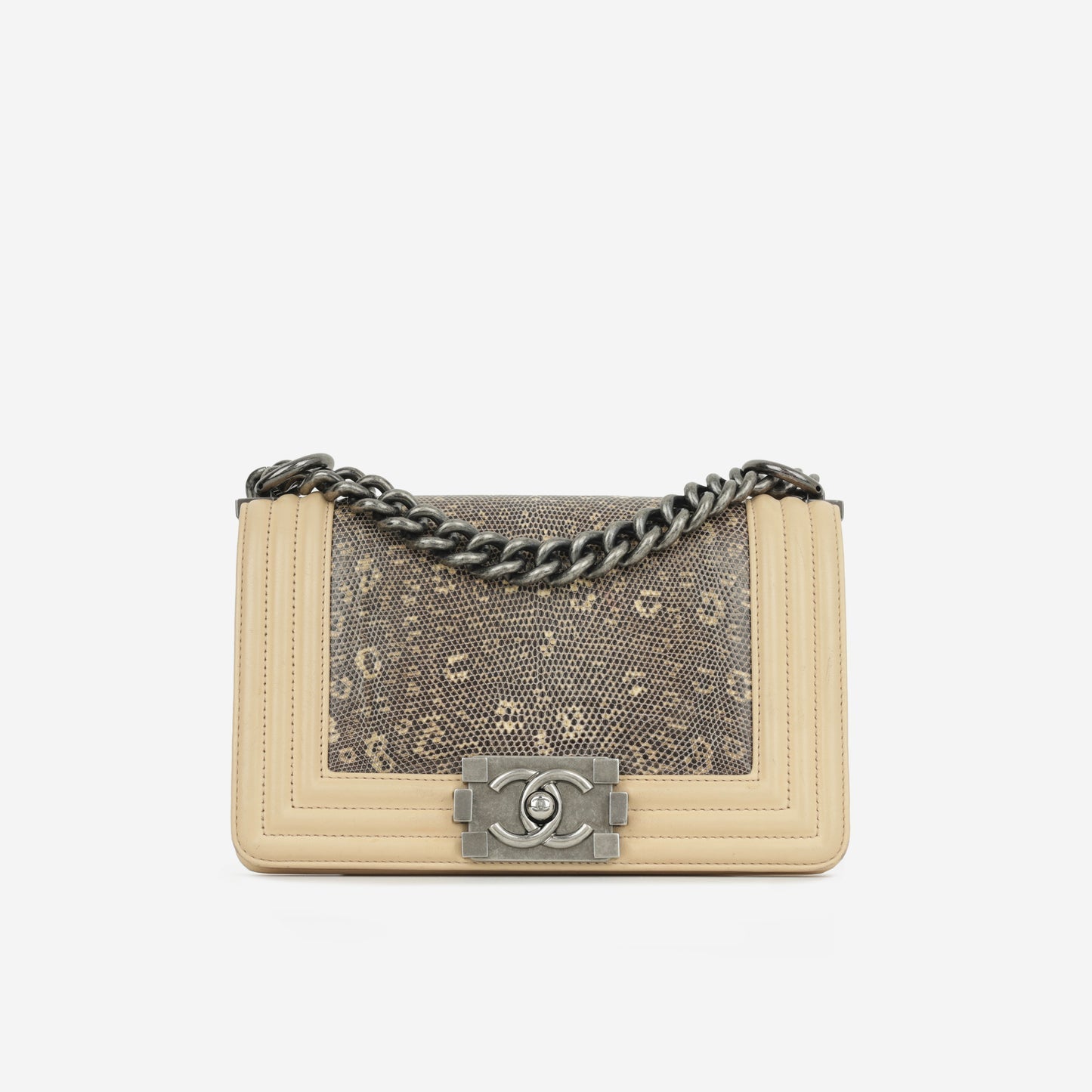 Chanel - Small Boy Bag - Beige Lambskin / Lizard RHW - 2014 -