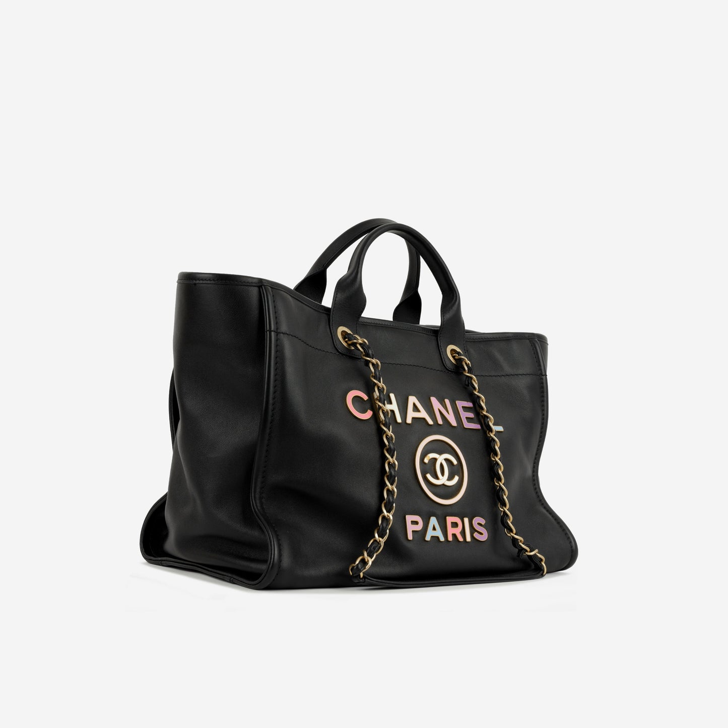 Chanel Large Deauville - Black Lambskin with Multicolor Logo | Antique Gold Hardware