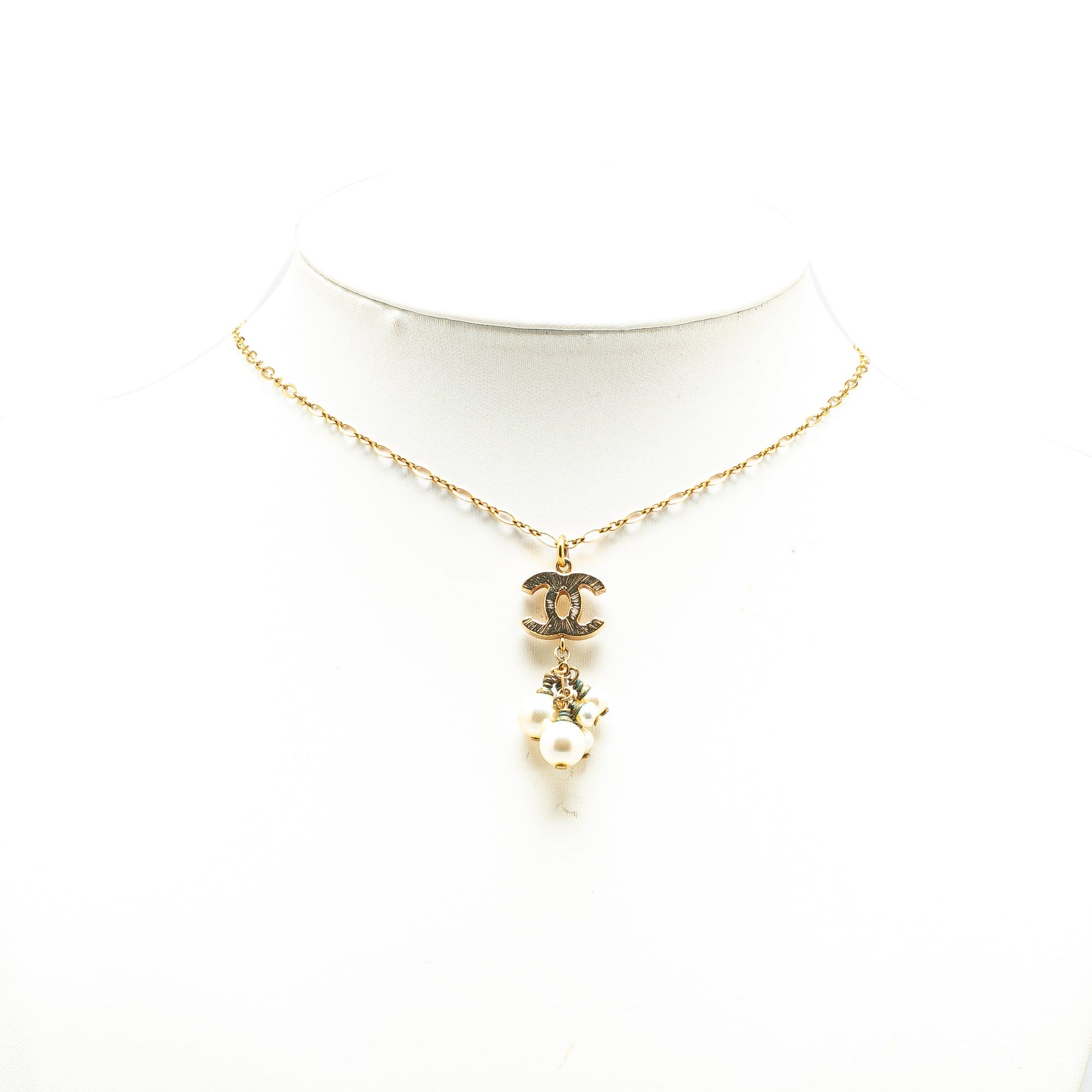 Gold Chanel Gold Plated CC Faux Pearl Pendant Necklace