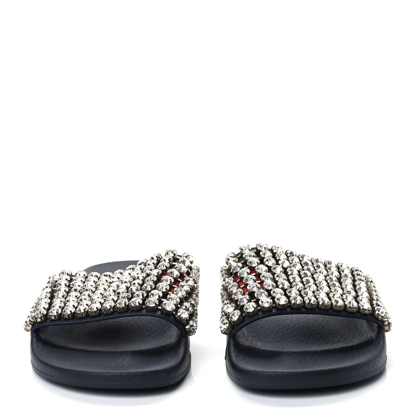 Gucci Calfskin Crystal Embellished Web Slide Sandals 38 Blue Red