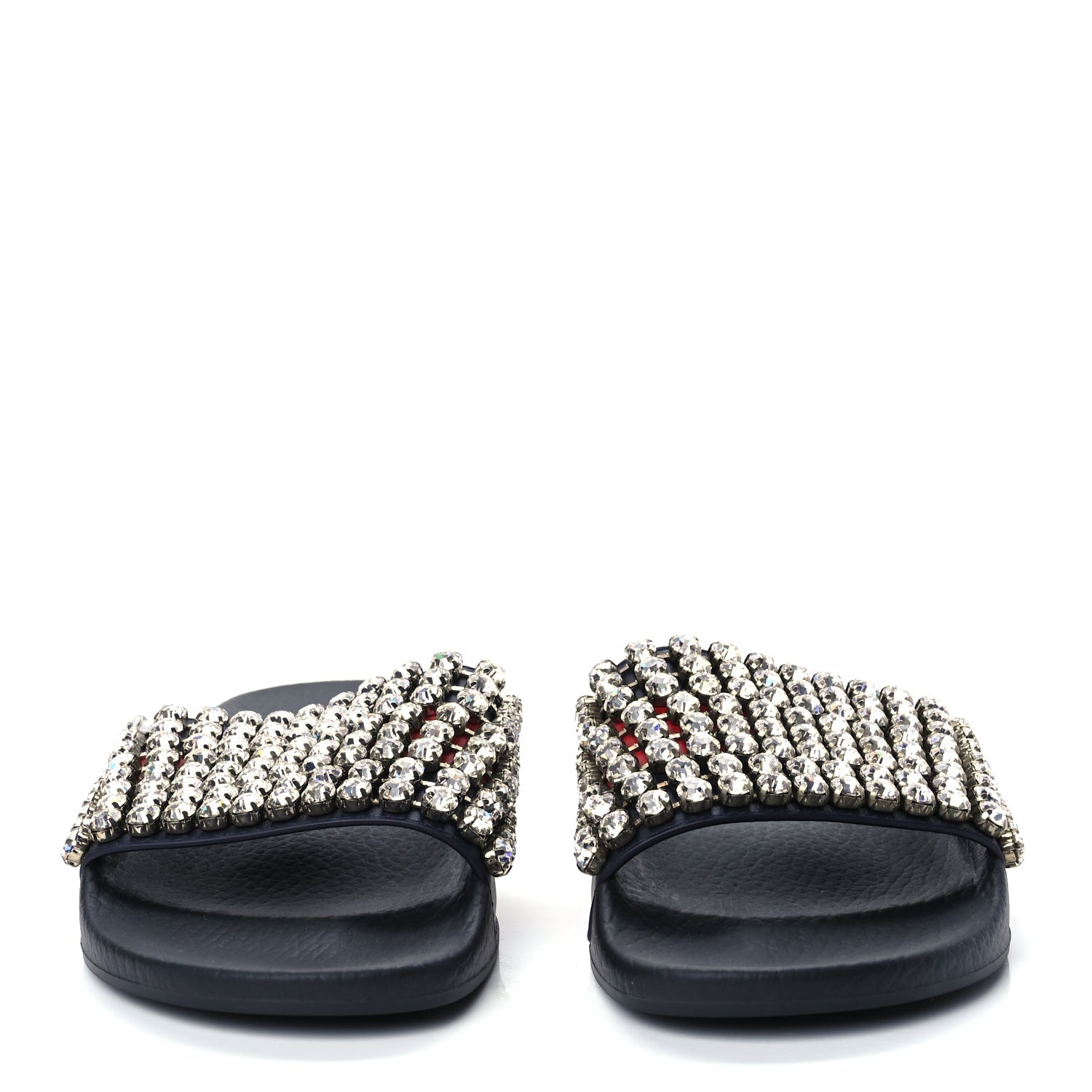 Gucci Calfskin Crystal Embellished Web Slide Sandals 38 Blue Red