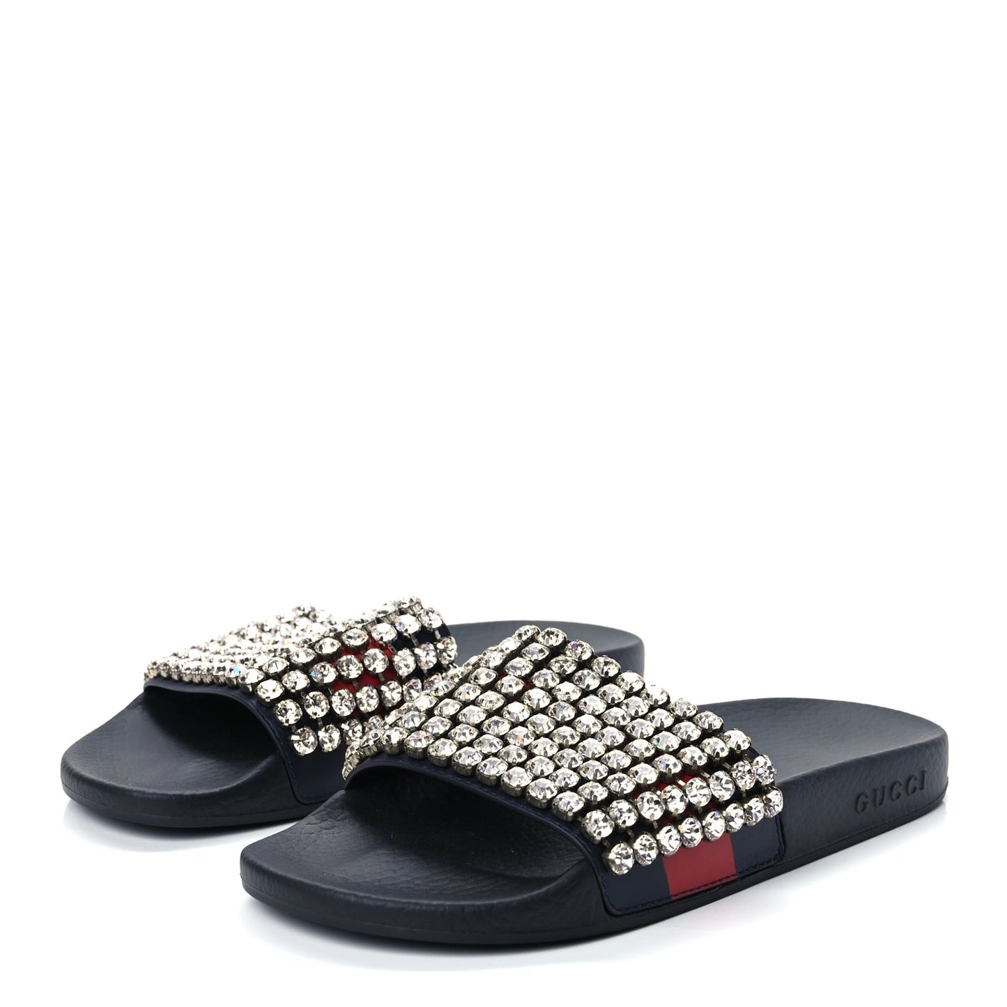 Gucci Calfskin Crystal Embellished Web Slide Sandals 38 Blue Red
