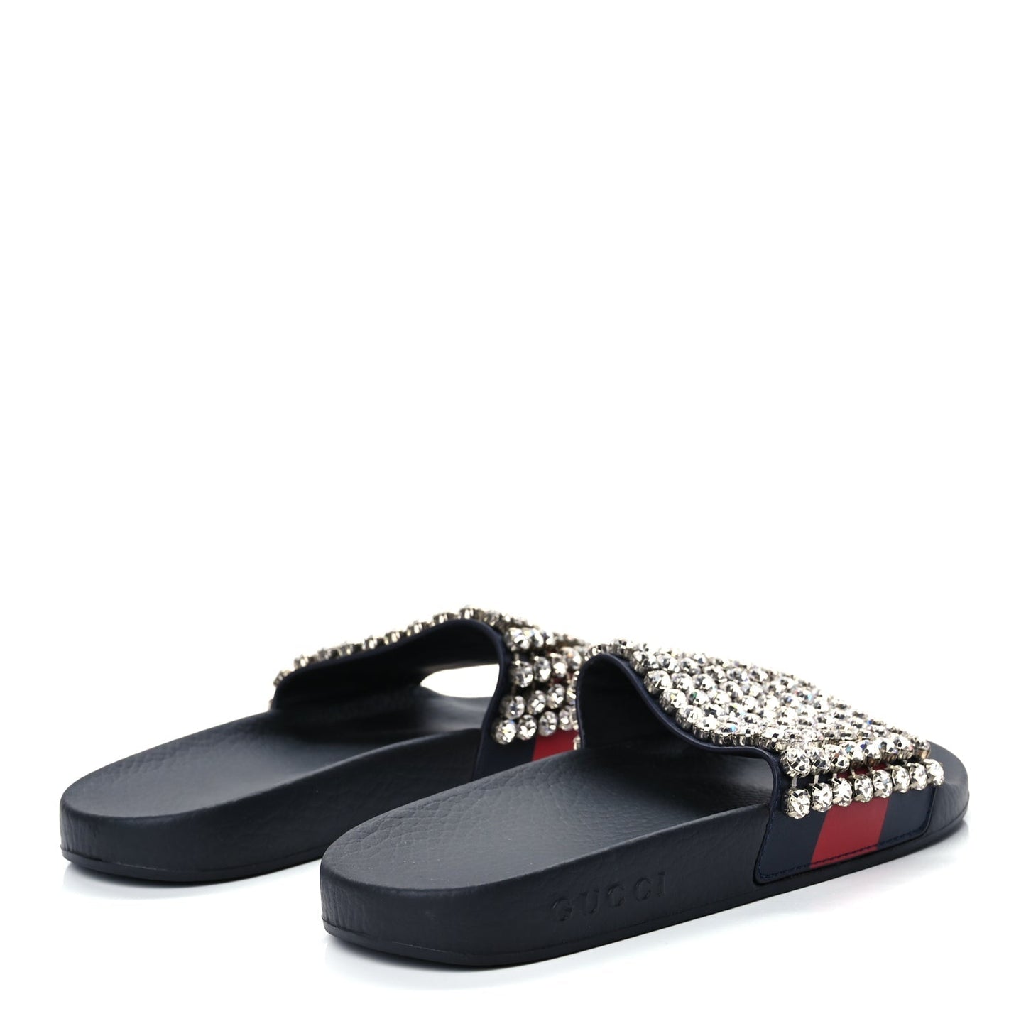Gucci Calfskin Crystal Embellished Web Slide Sandals 38 Blue Red