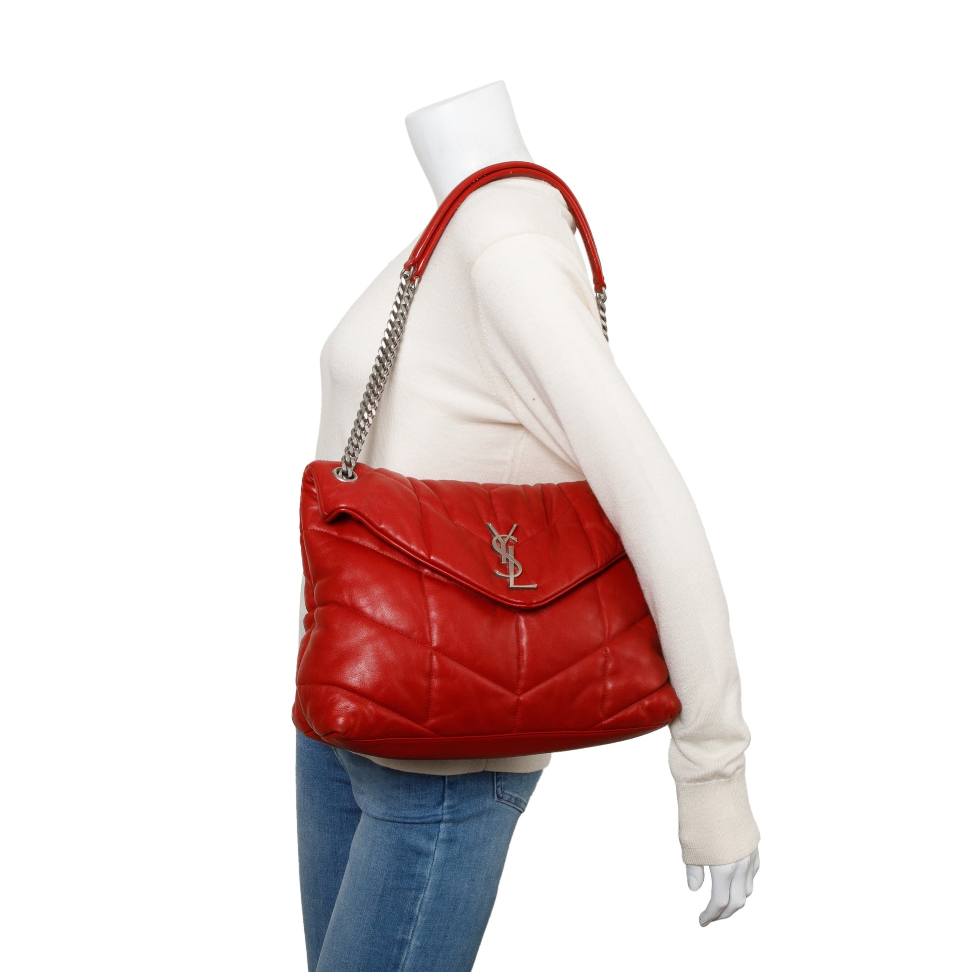 YSL Saint Laurent Nappa Puffer Loulou Shoulder Bag Leather Red