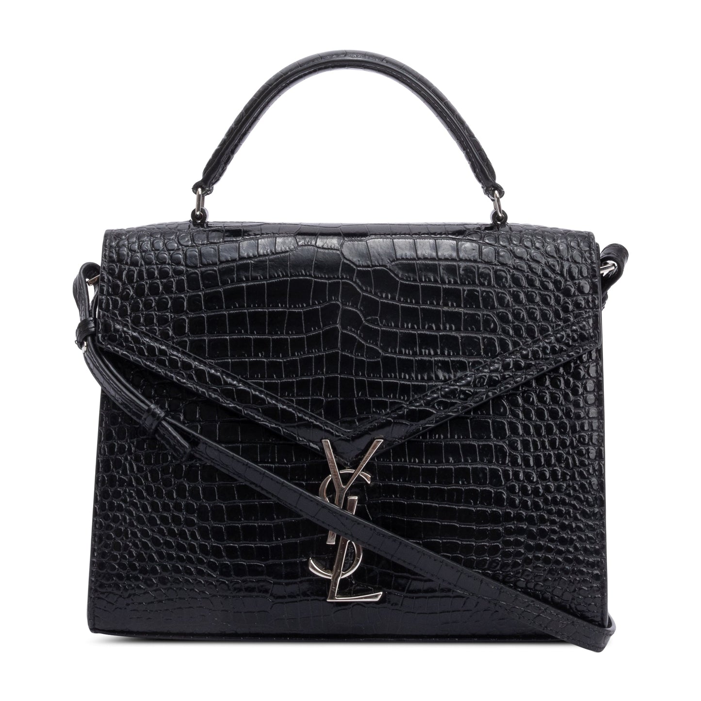 YSL Saint Laurent Croc Embossed Cassandra Top Handle Bag Leather Black Travel Bag
