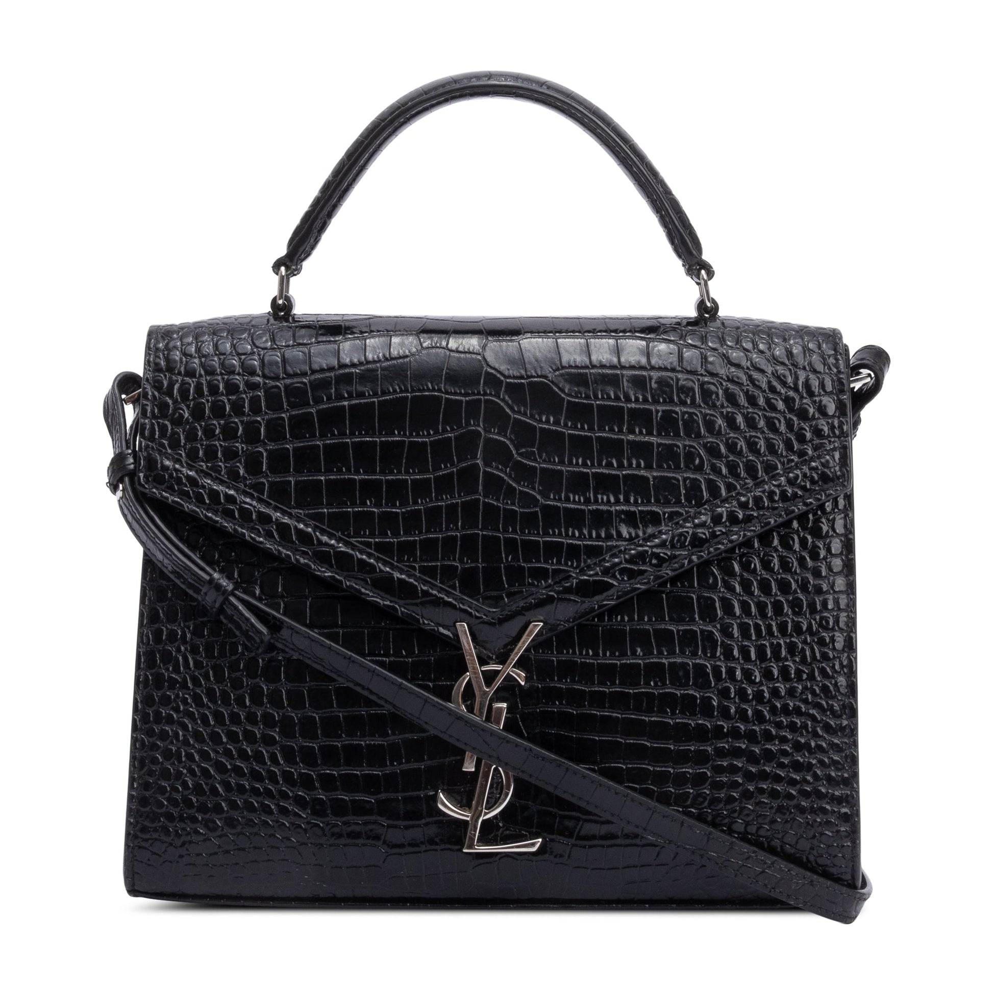YSL Saint Laurent Croc Embossed Cassandra Top Handle Bag Leather Black Travel Bag
