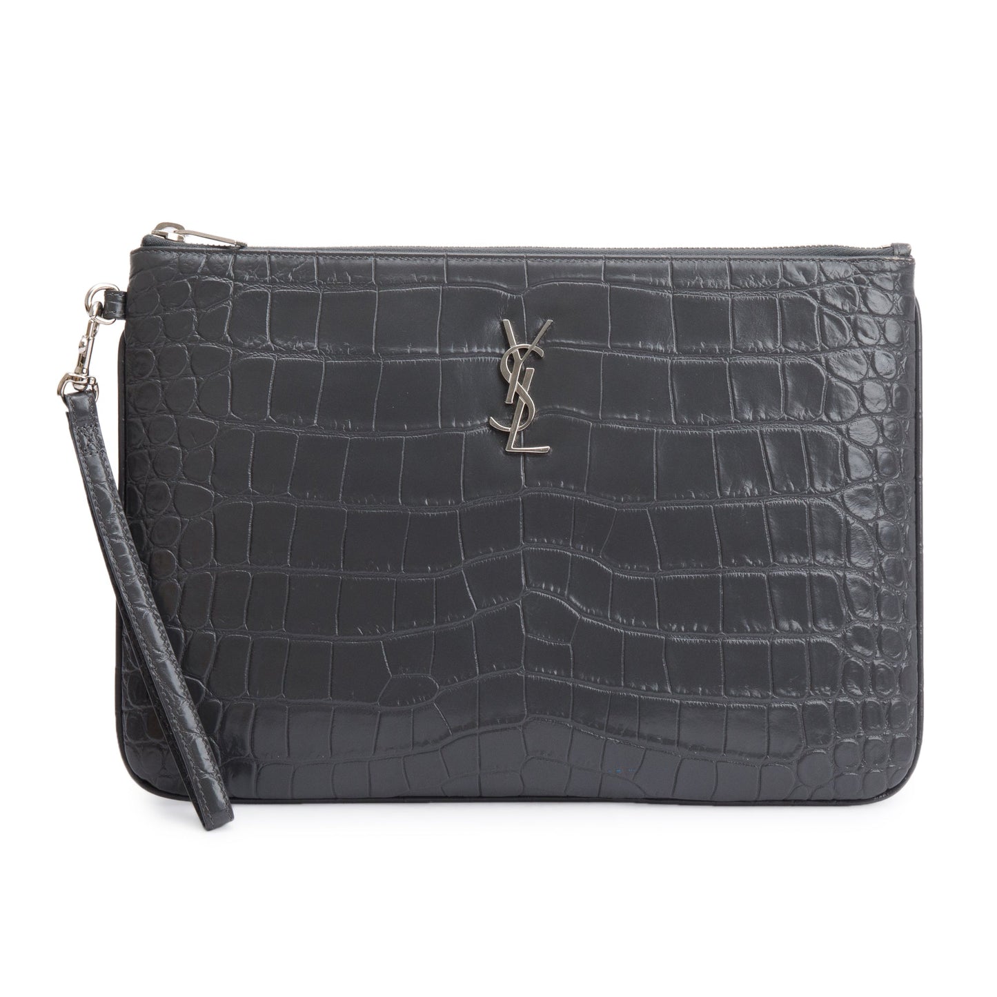 YSL Saint Laurent Grey Crocodile Embossed Cassandre Tablet Pouch Travel Leather Travel Bag