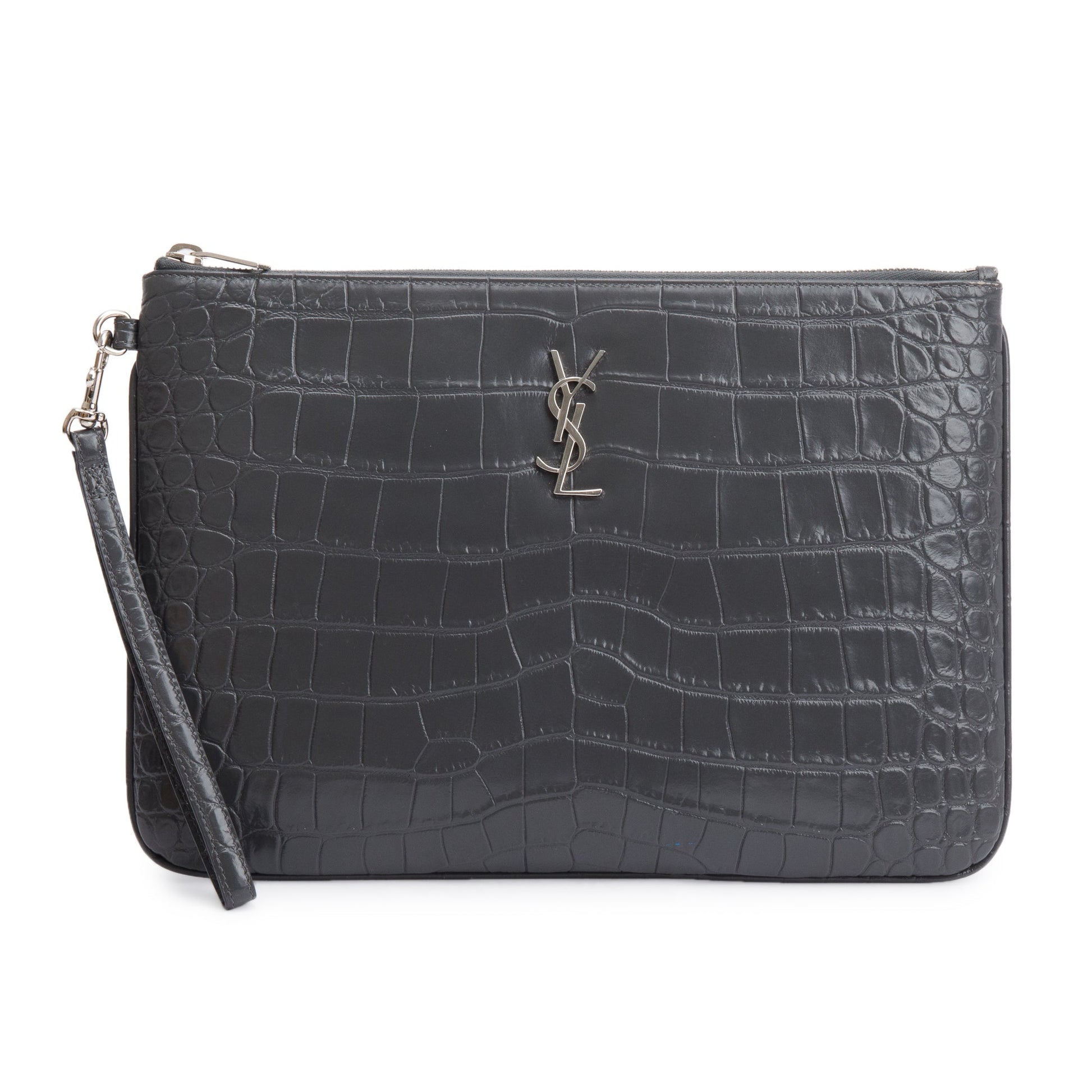YSL Saint Laurent Grey Crocodile Embossed Cassandre Tablet Pouch Travel Leather Travel Bag