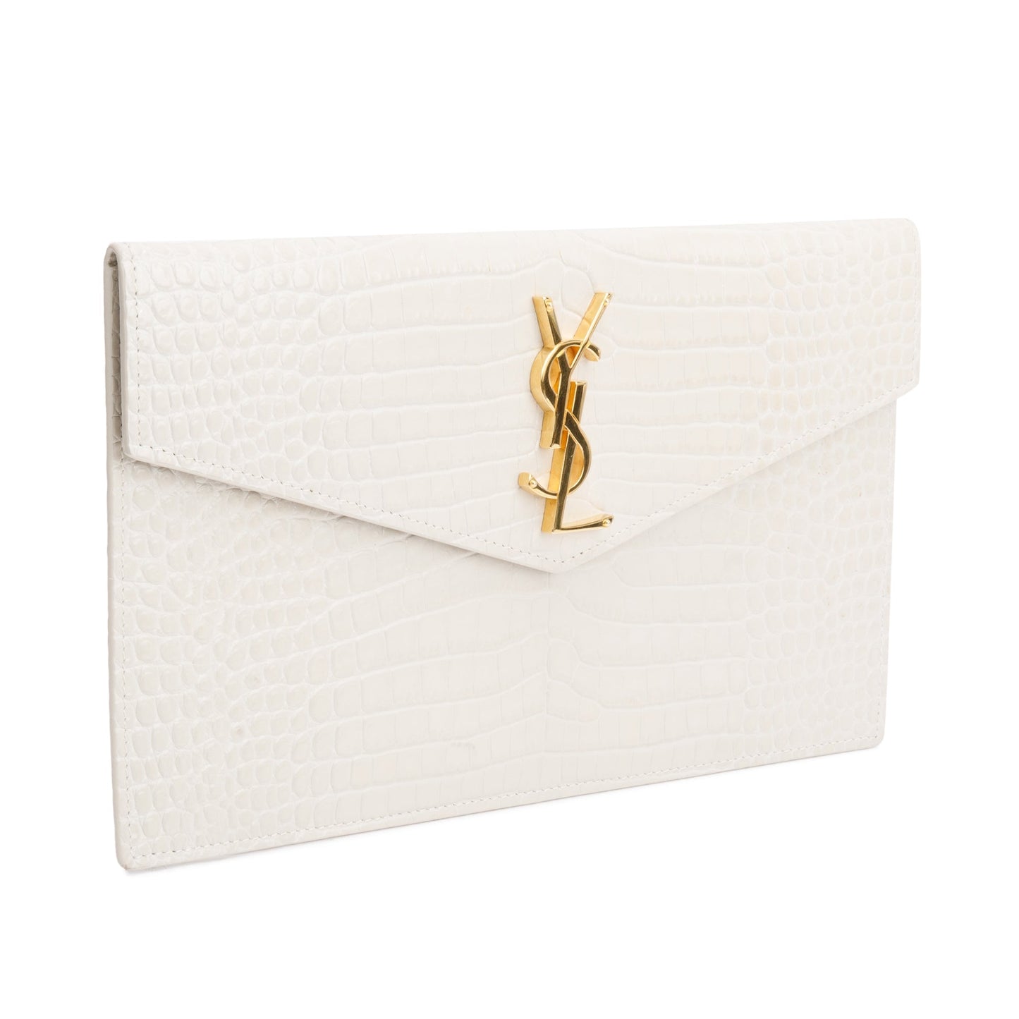 YSL Saint Laurent Neutral Crocodile Embossed Uptown Pouch Travel Bag Leather