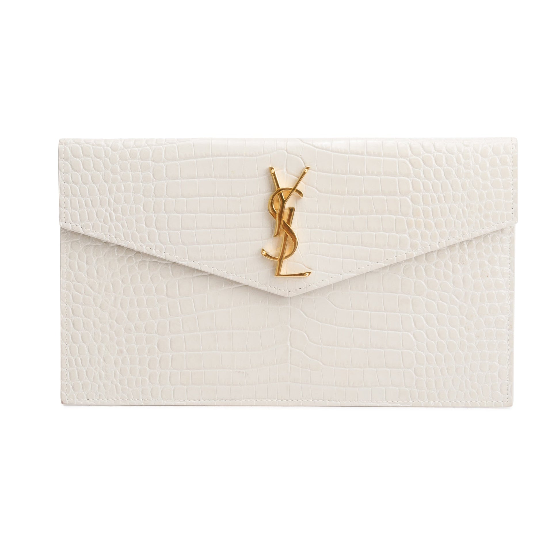 YSL Saint Laurent Neutral Crocodile Embossed Uptown Pouch Travel Bag Leather