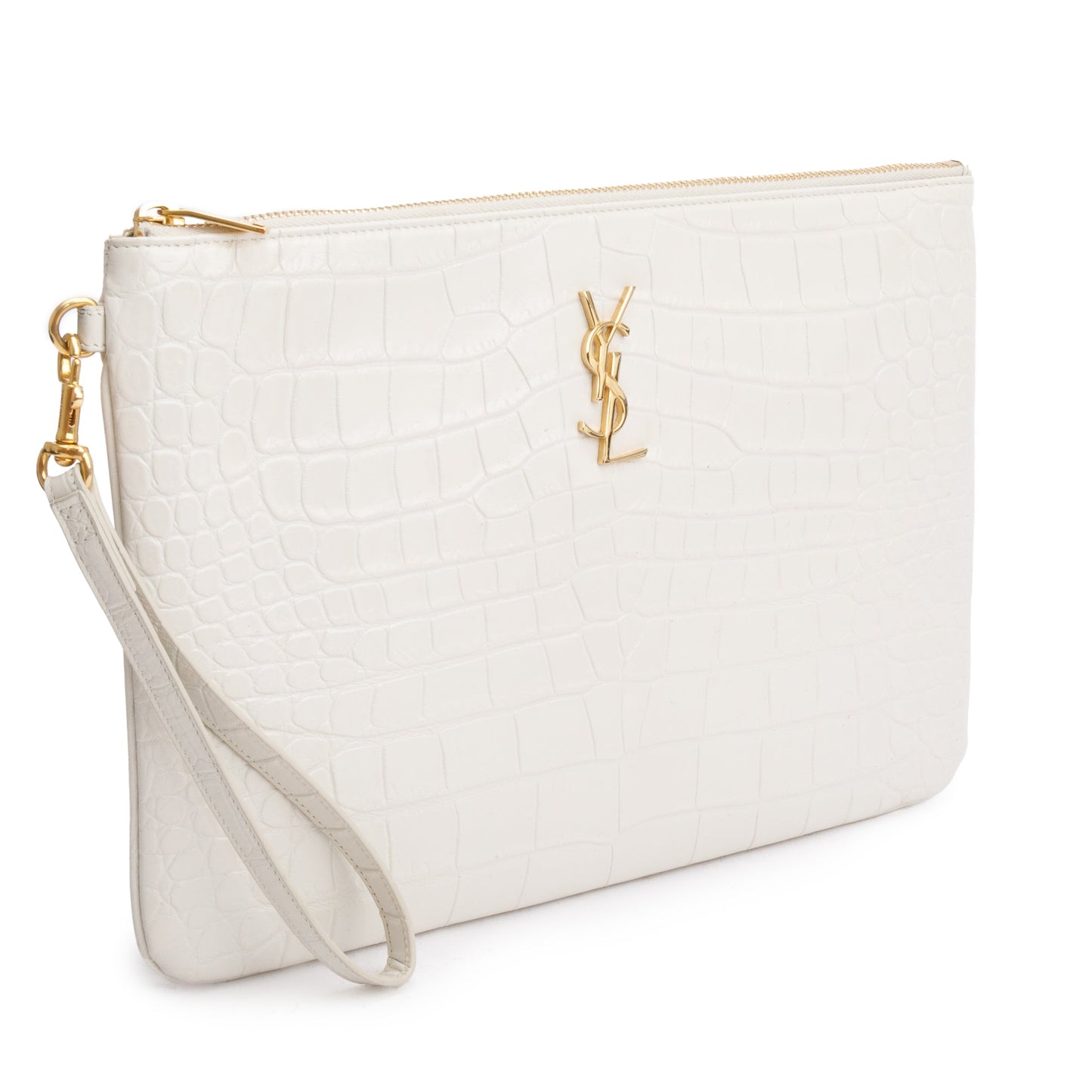 YSL Saint Laurent Crocodile Embossed Cassandre Tablet Pouch Travel Bag Leather White