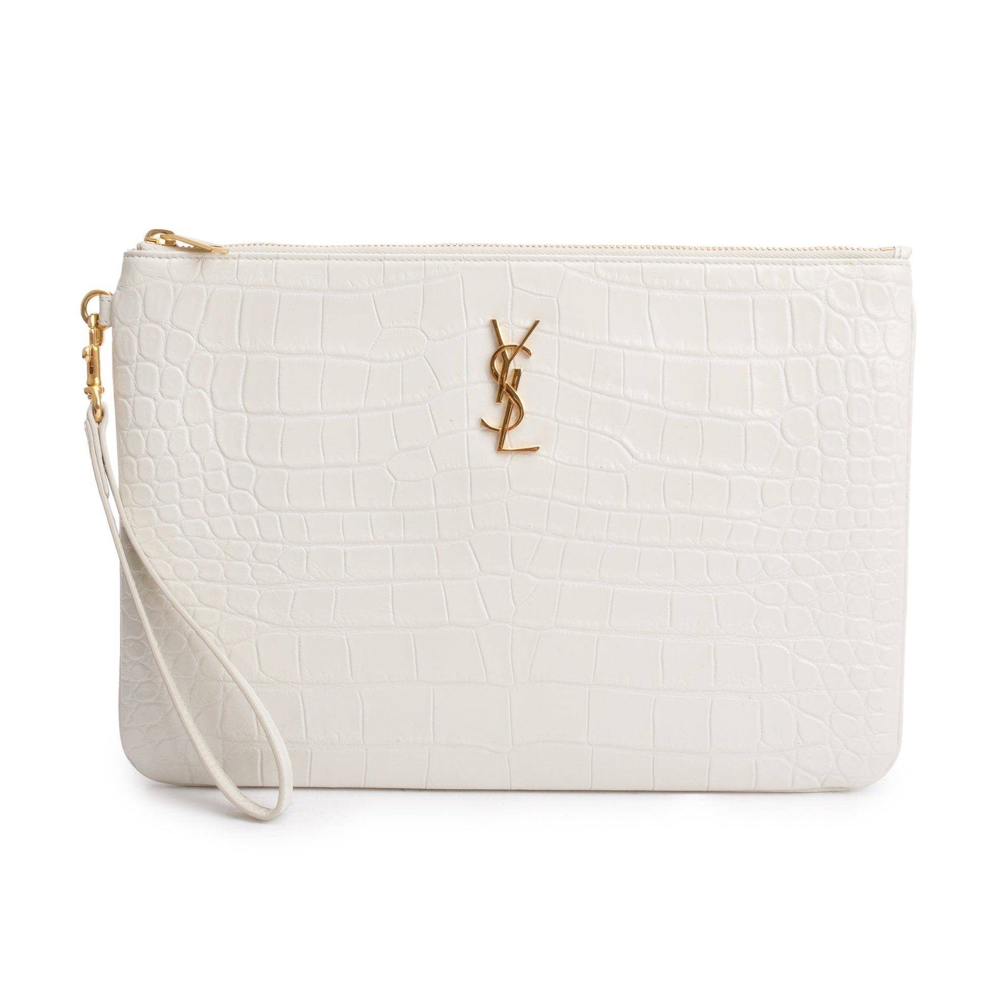 YSL Saint Laurent Crocodile Embossed Cassandre Tablet Pouch Travel Bag Leather White