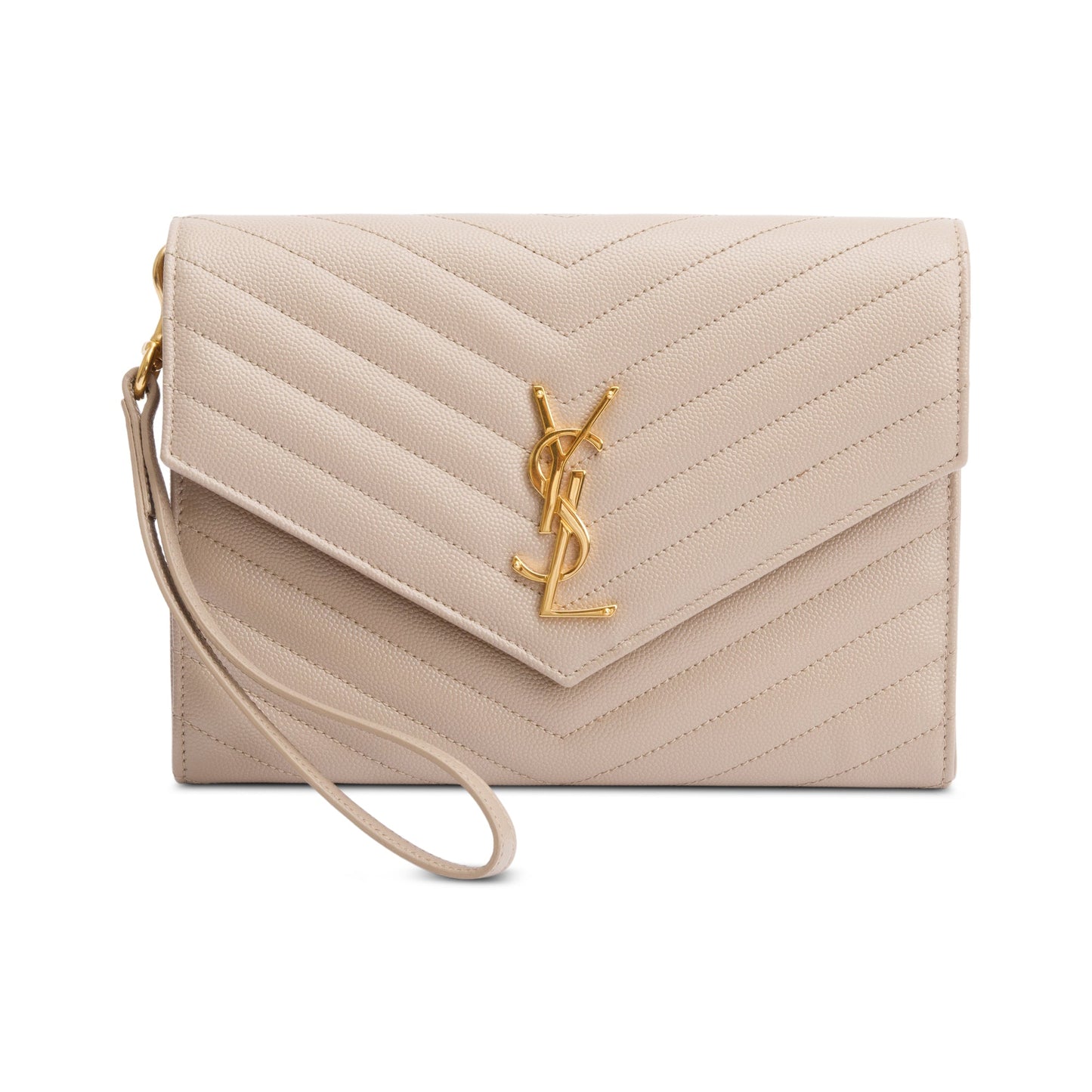 YSL Saint Laurent Grain De Poudre Cassandre Flap Wristlet Pouch Leather Matelasse Travel Bag Pouch 58591