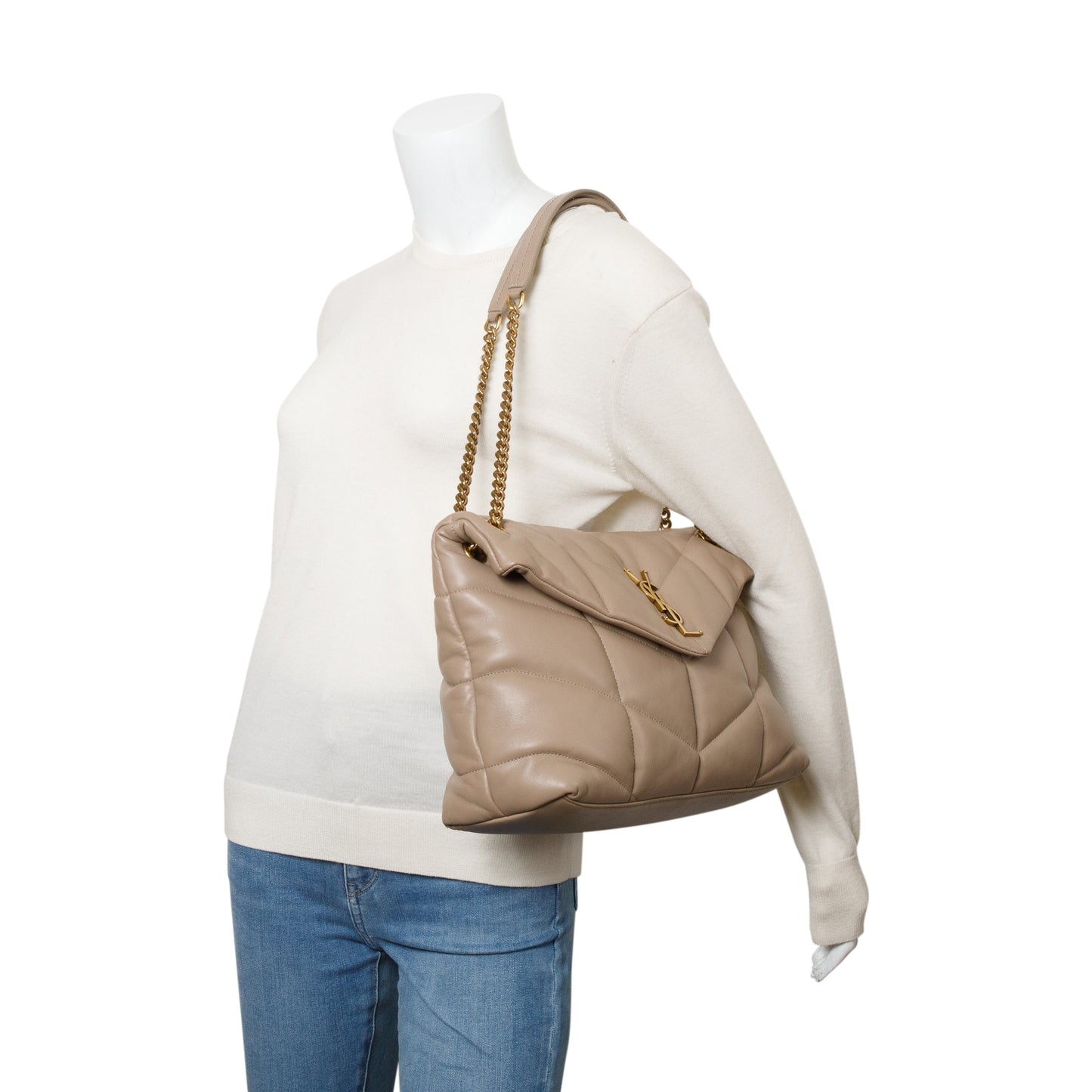YSL Saint Laurent Nappa Puffer Loulou Shoulder Bag Leather Beige