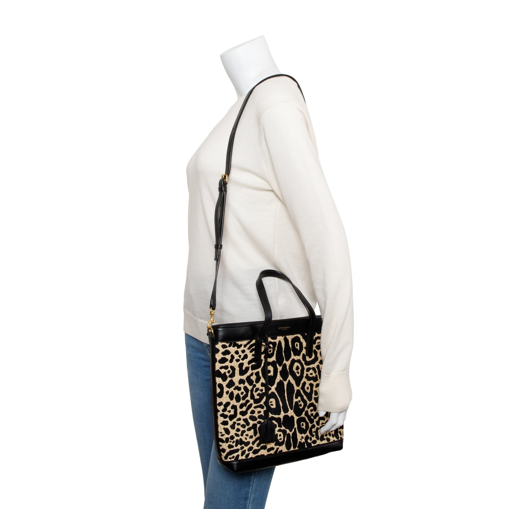 YSL Saint Laurent Calfskin Neutral Jaguar Toy Shopping Tote Leather Raffia Tote Bag