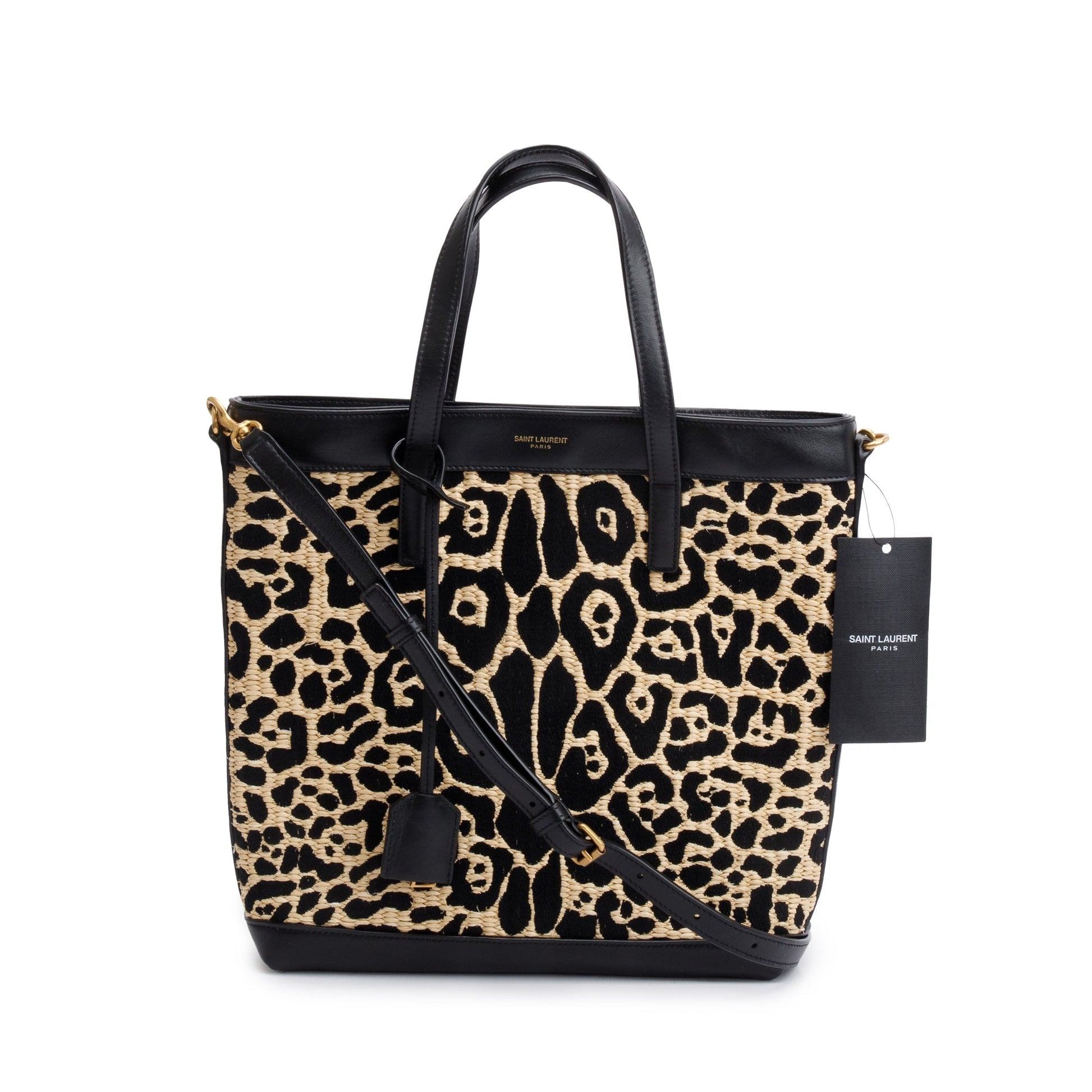 YSL Saint Laurent Calfskin Neutral Jaguar Toy Shopping Tote Leather Raffia Tote Bag