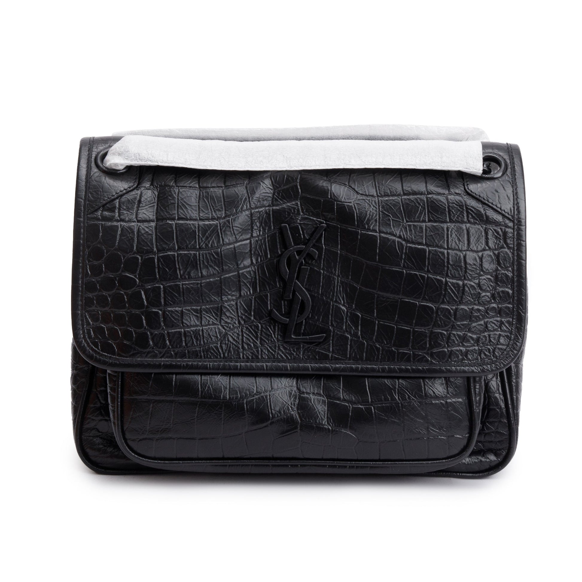 YSL Saint Laurent Crocodile Embossed Calfskin Niki Shoulder Bag Leather Black