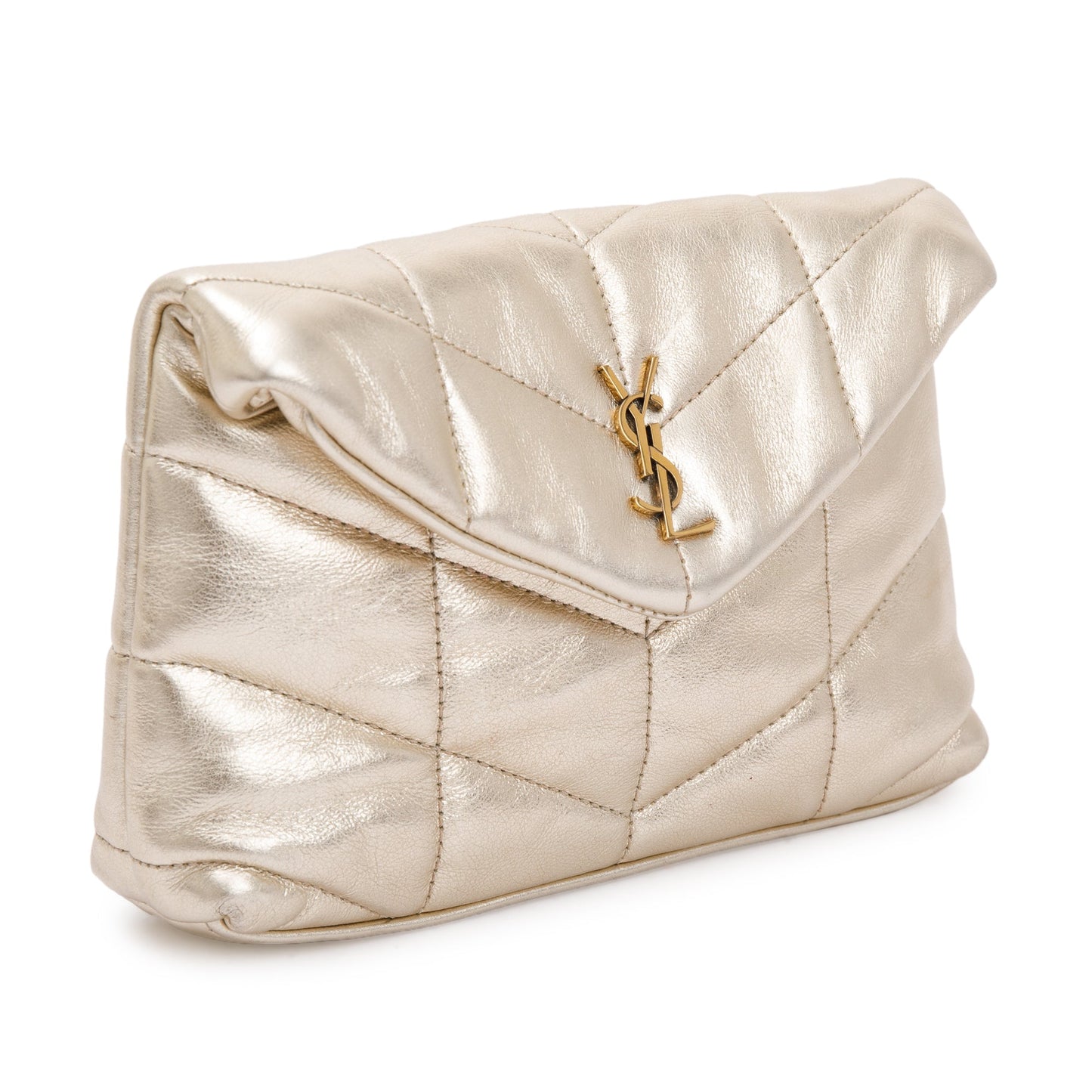 YSL Saint Laurent Metallic Puffer Pouch Travel Bag Gold Small