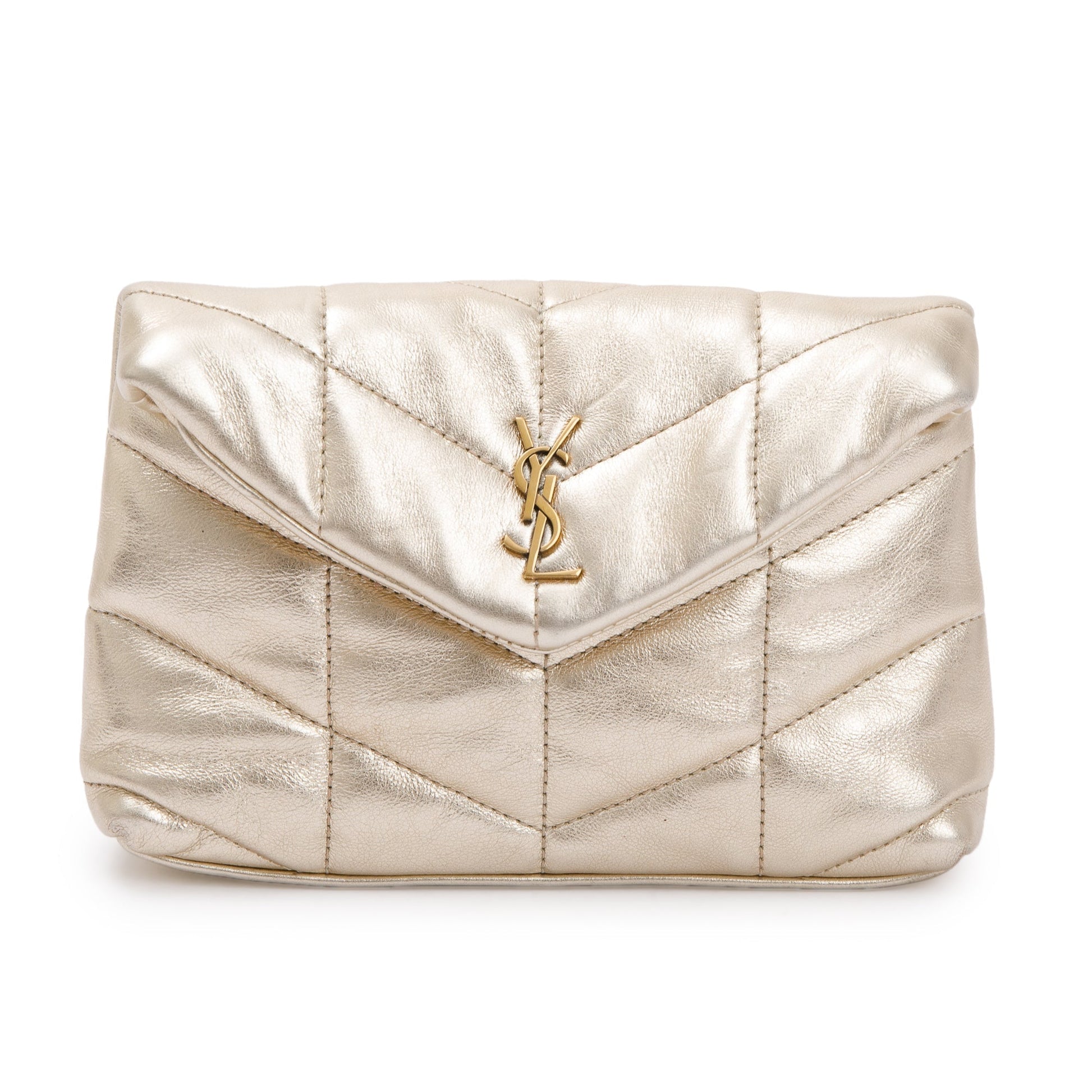 YSL Saint Laurent Metallic Puffer Pouch Travel Bag Gold Small