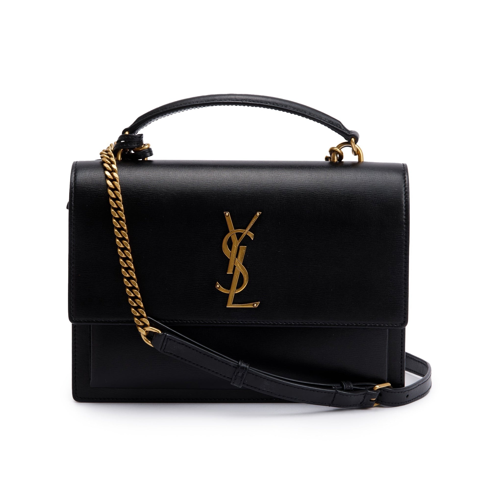 YSL Saint Laurent Calfskin Sunset Handle Bag Leather Black Travel Bag