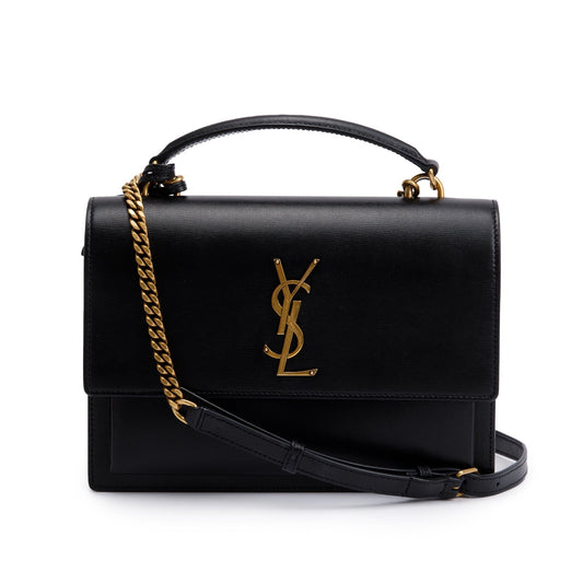 YSL Saint Laurent Calfskin Sunset Handle Bag Leather Black Travel Bag