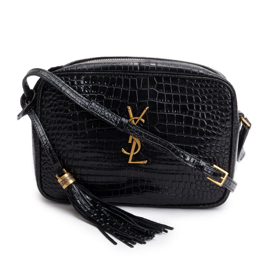 YSL Saint Laurent Croc Embossed Patent Lou Camera Bag Leather Black Crossbody Bag