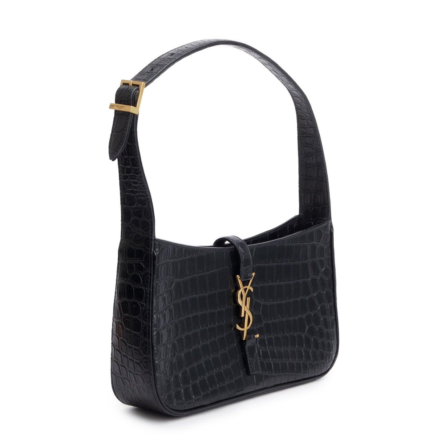 YSL Saint Laurent Croc Embossed Shiny Le Hobo Bag Leather Black Shoulder Bag