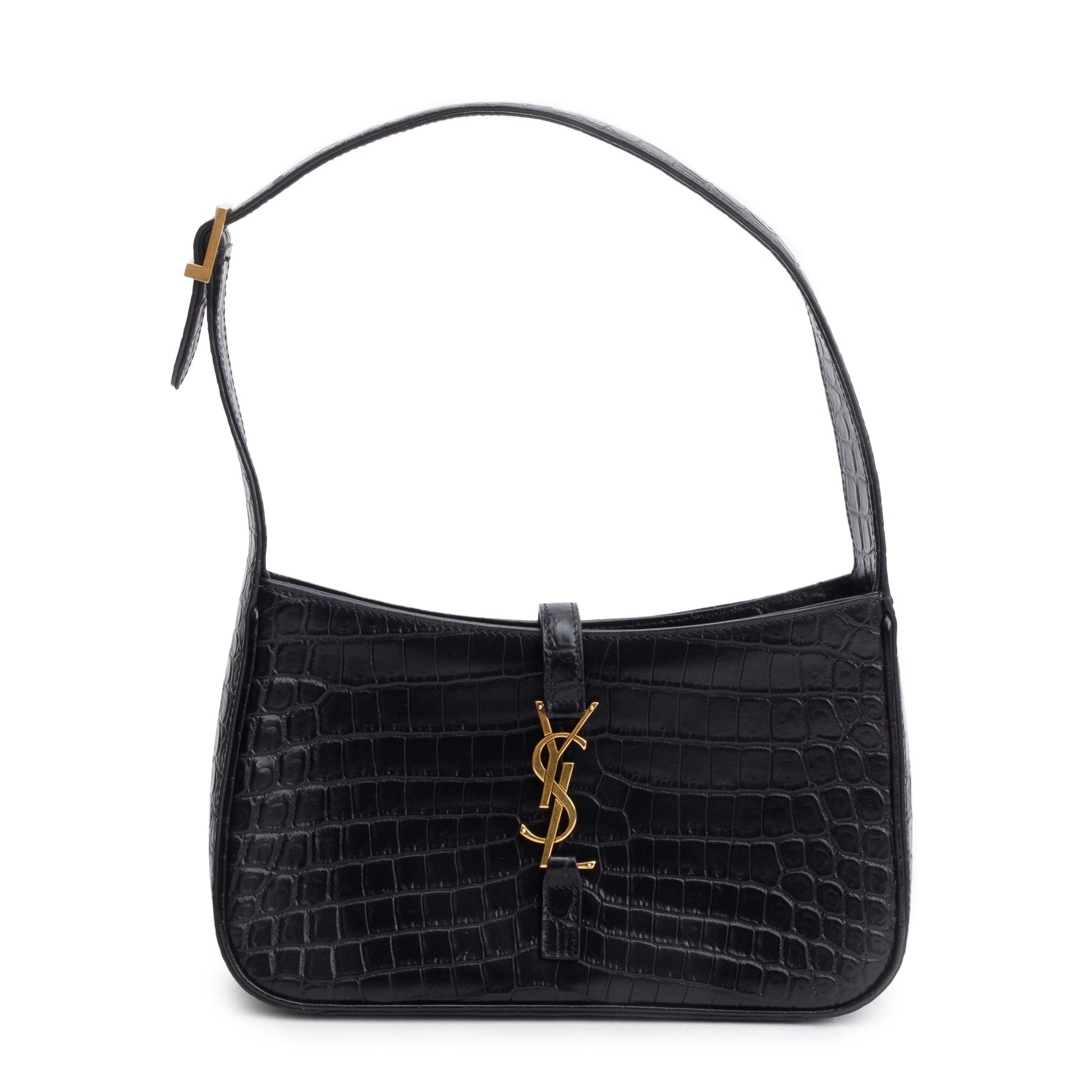 YSL Saint Laurent Croc Embossed Shiny Le Hobo Bag Leather Black Shoulder Bag