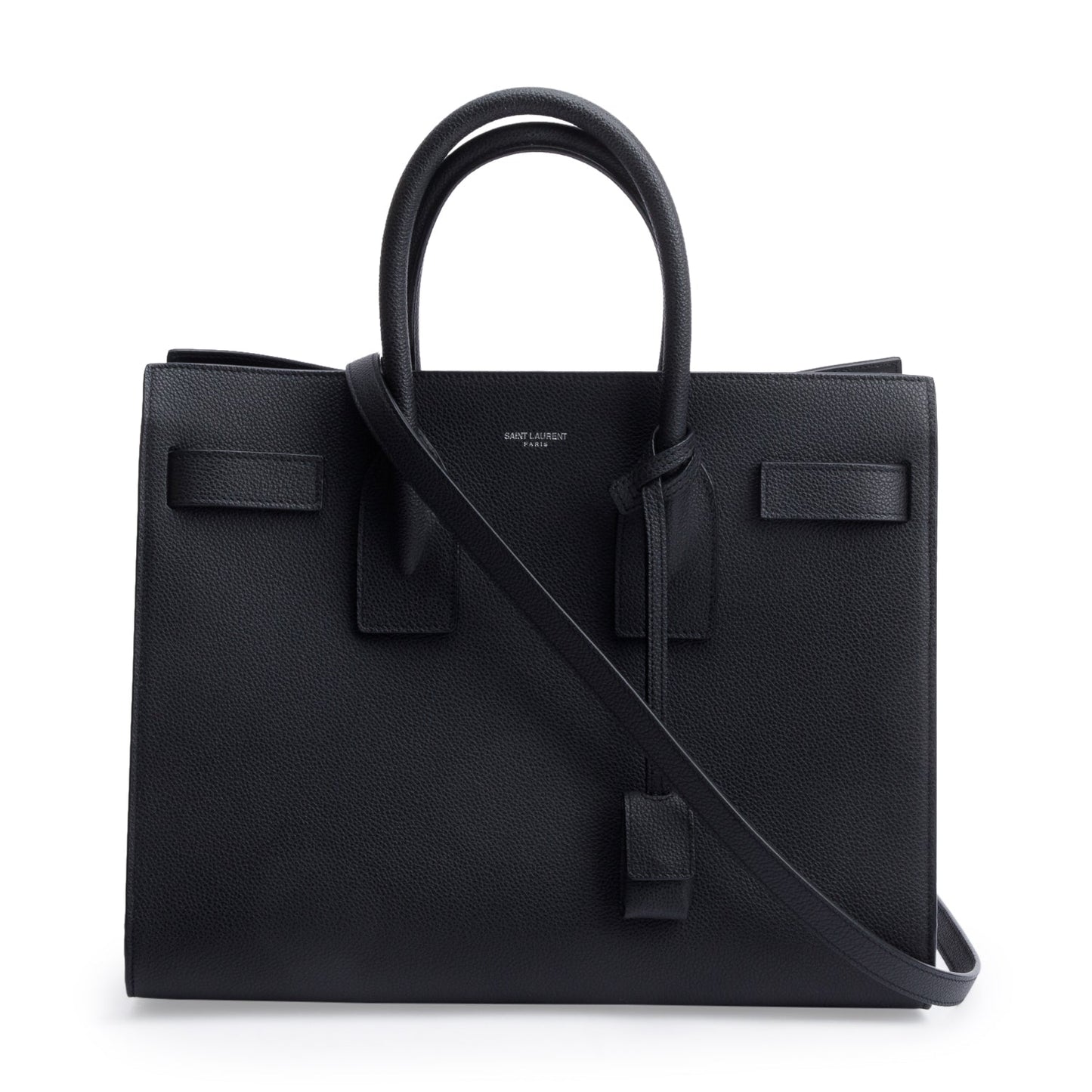 YSL Saint Laurent Grained Calfskin Sac De Jour Travel Bag Leather Black
