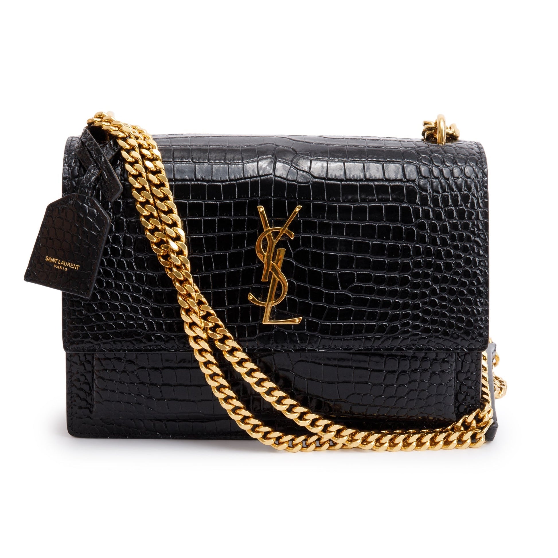 YSL Saint Laurent Crocodile Embossed Sunset Bag Black Medium Travel Bag