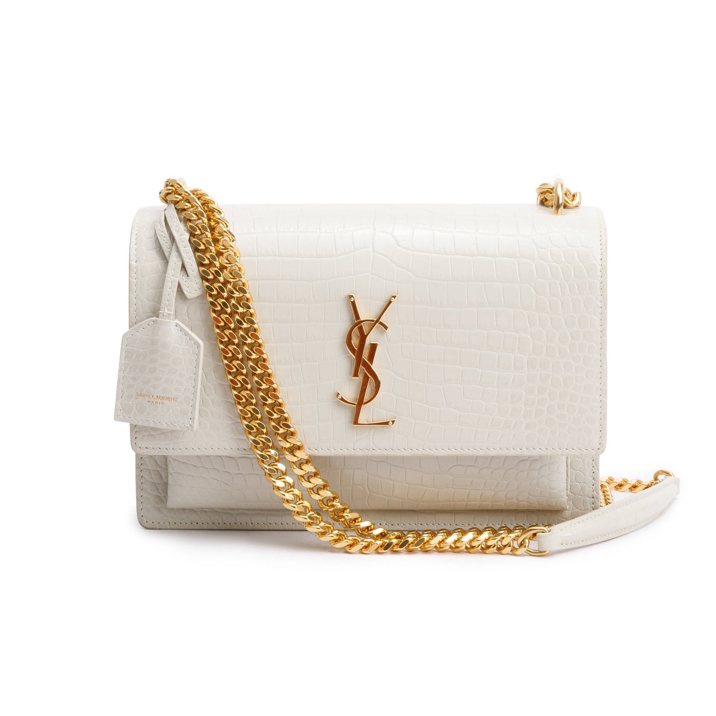 YSL Saint Laurent Creme Crocodile Embossed Sunset Bag Medium Travel Bag