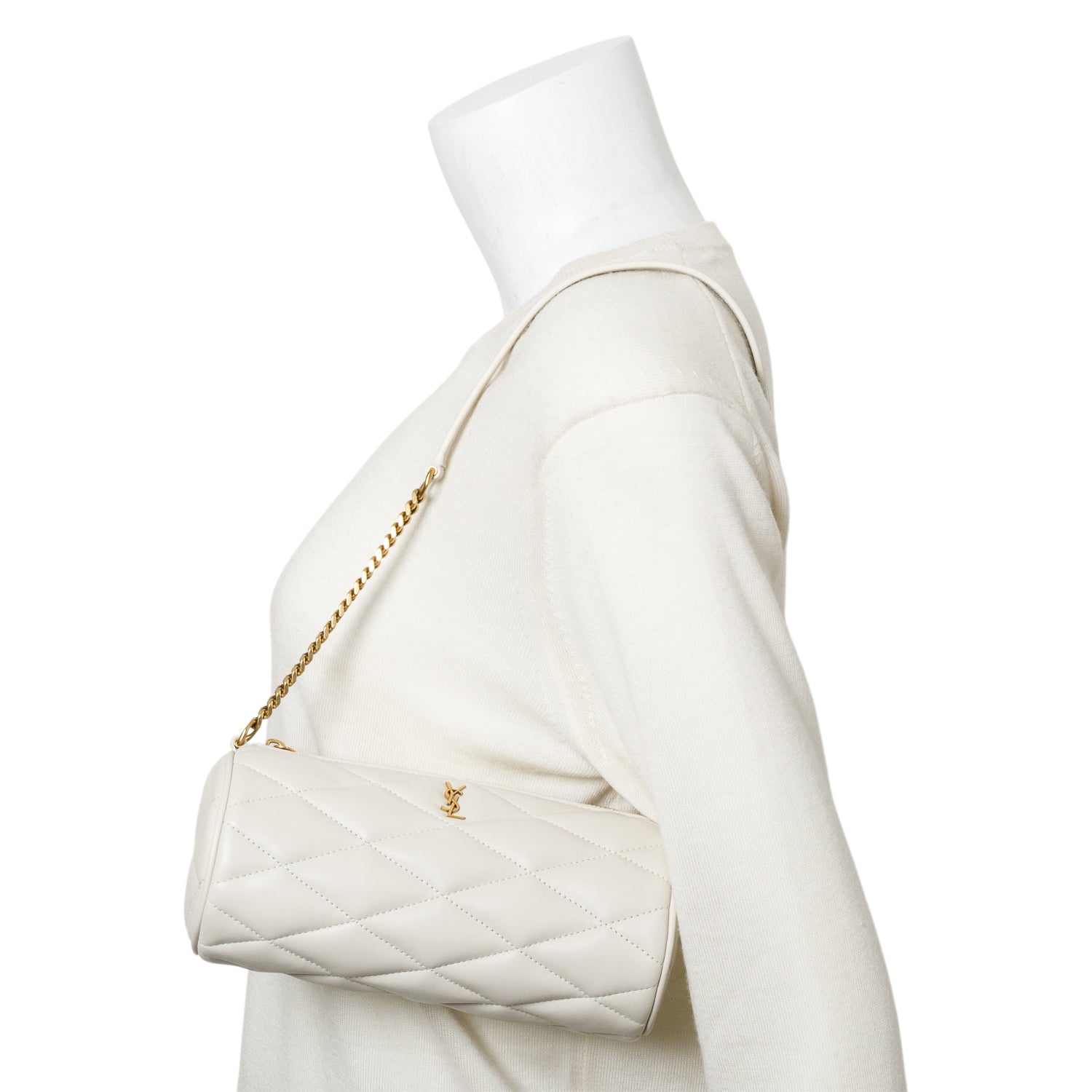 YSL Saint Laurent Ivory Lambskin Sade Tube Bag Leather Quilted Travel Bag