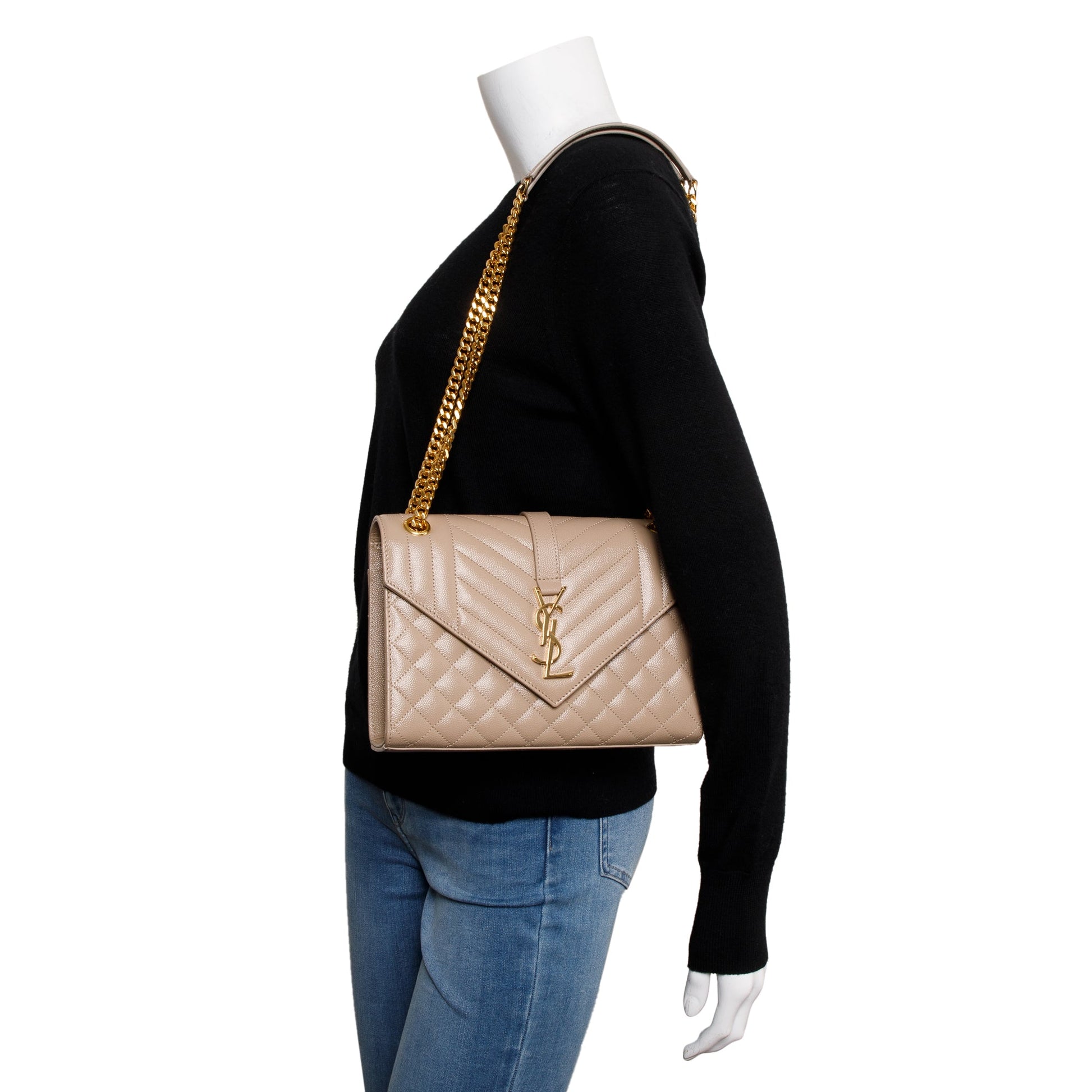 YSL Saint Laurent Grained De Poudre Envelope Shoulder Bag Beige Medium