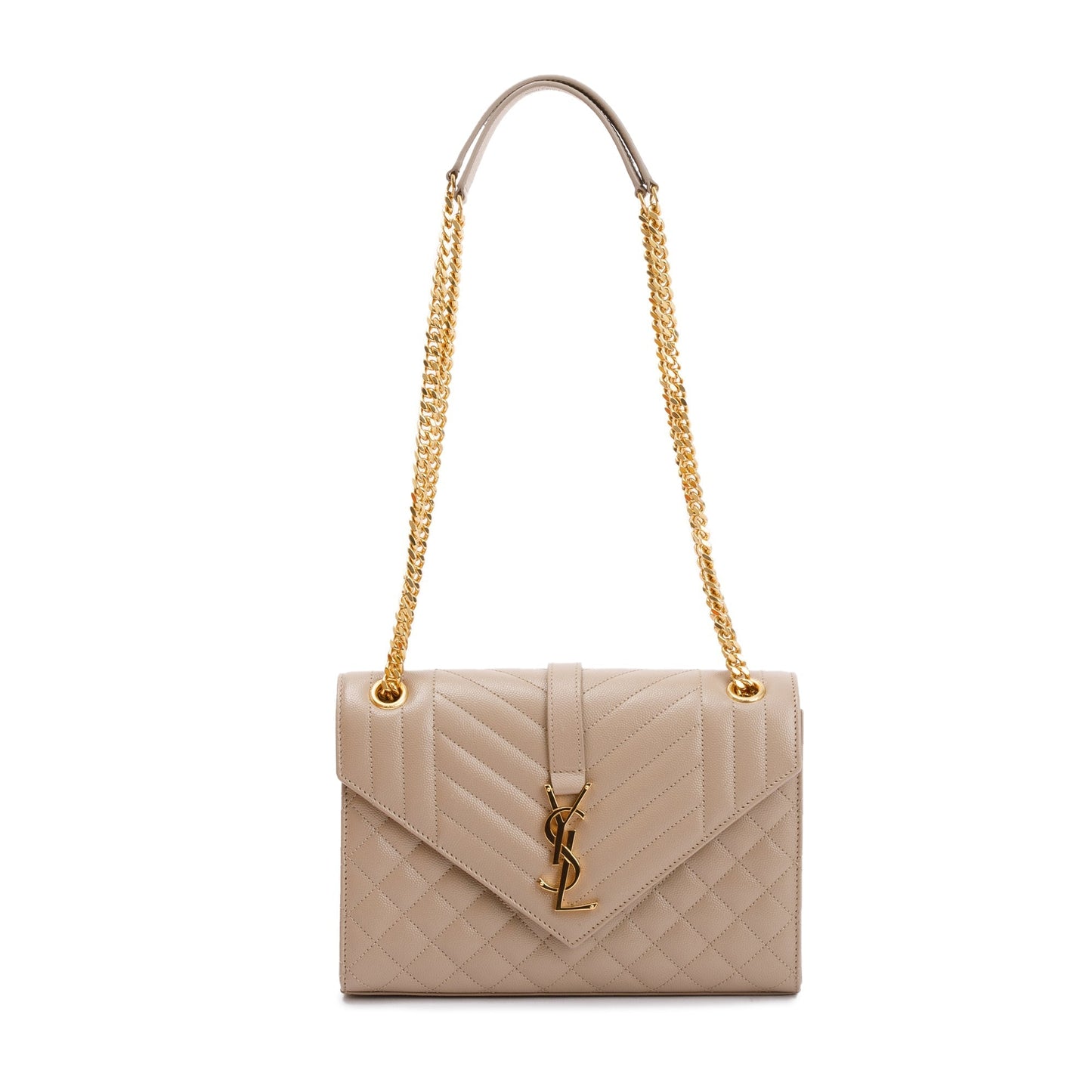 YSL Saint Laurent Grained De Poudre Envelope Shoulder Bag Beige Medium