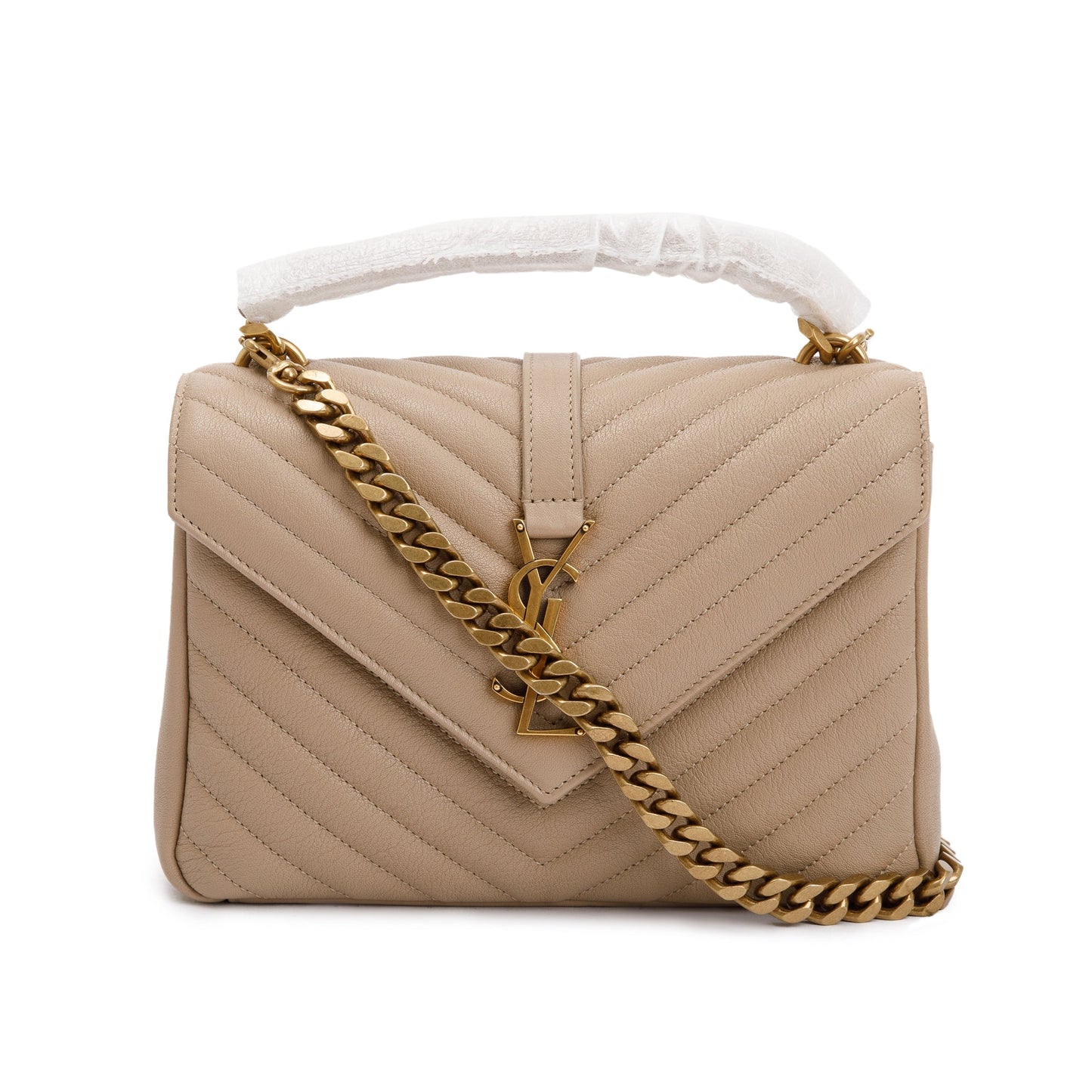YSL Saint Laurent Chevron College Bag Leather Beige Travel Bag