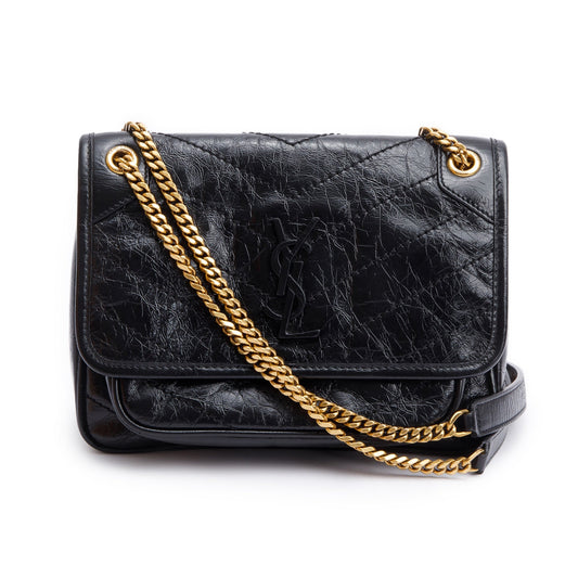 YSL Saint Laurent Crinkled Calfskin Baby Niki Shoulder Bag Leather Black