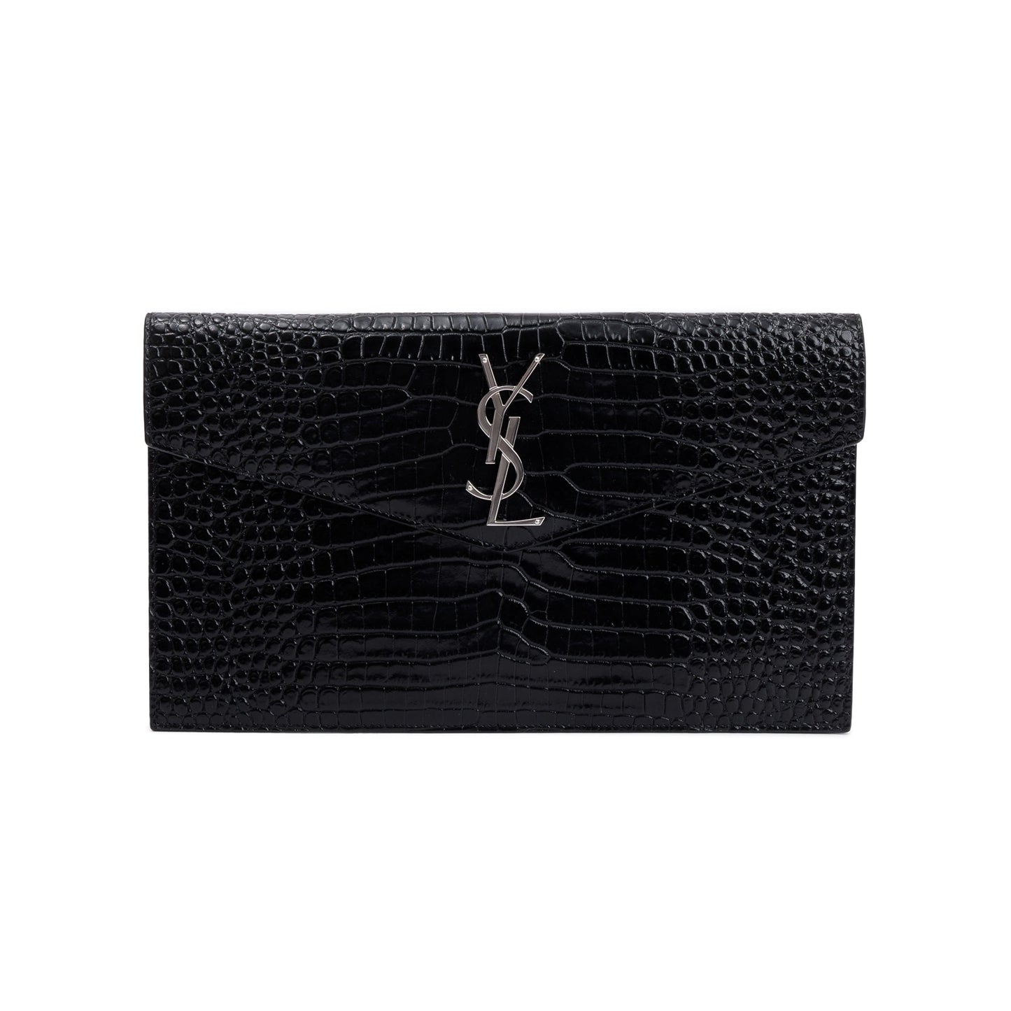 YSL Saint Laurent Crocodile Embossed Uptown Pouch Travel Bag Leather Black