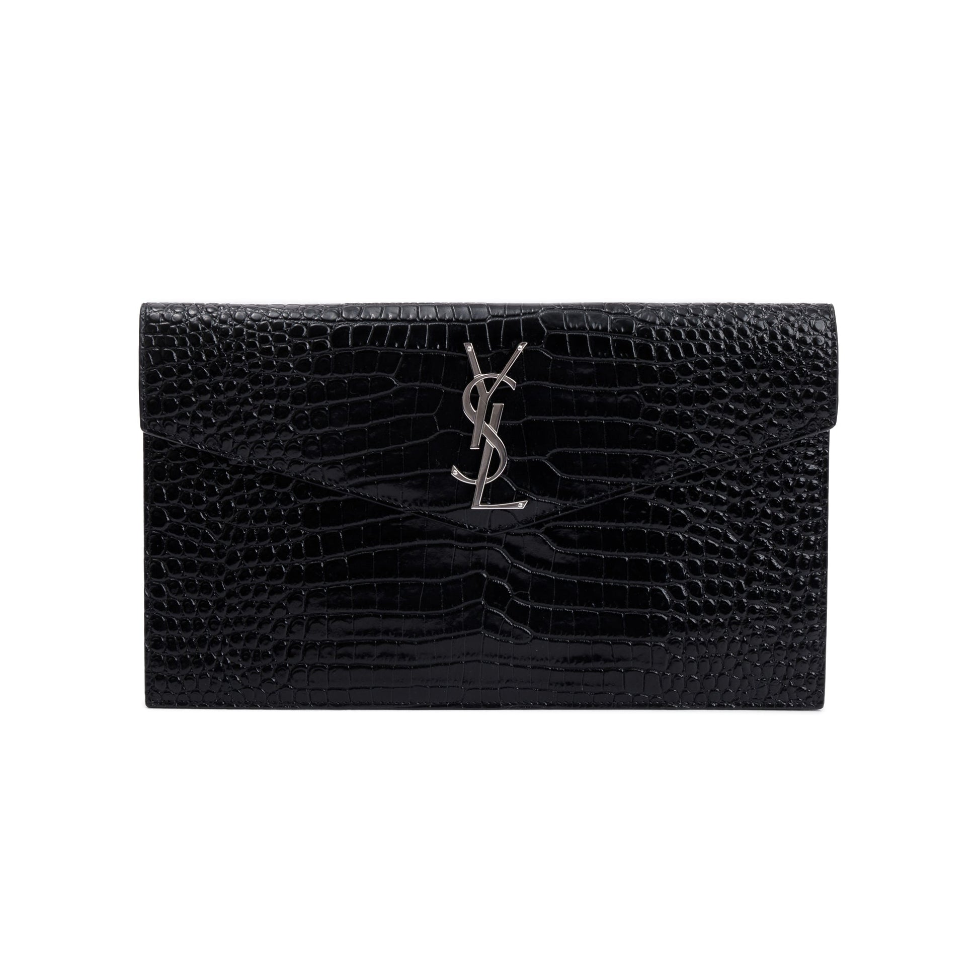 YSL Saint Laurent Crocodile Embossed Uptown Pouch Travel Bag Leather Black
