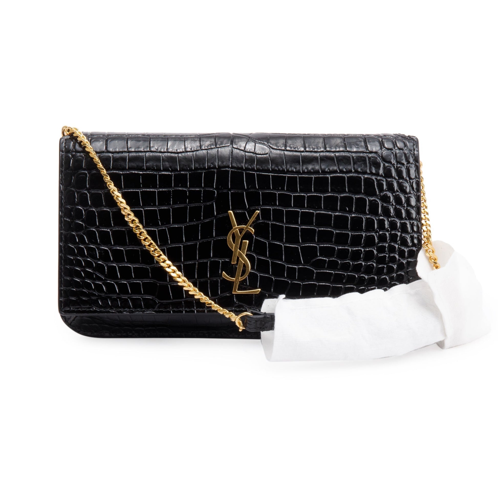 YSL Saint Laurent Shiny Crocodile Embossed Cassandre Phone Holder Bag Leather Black Travel Bag
